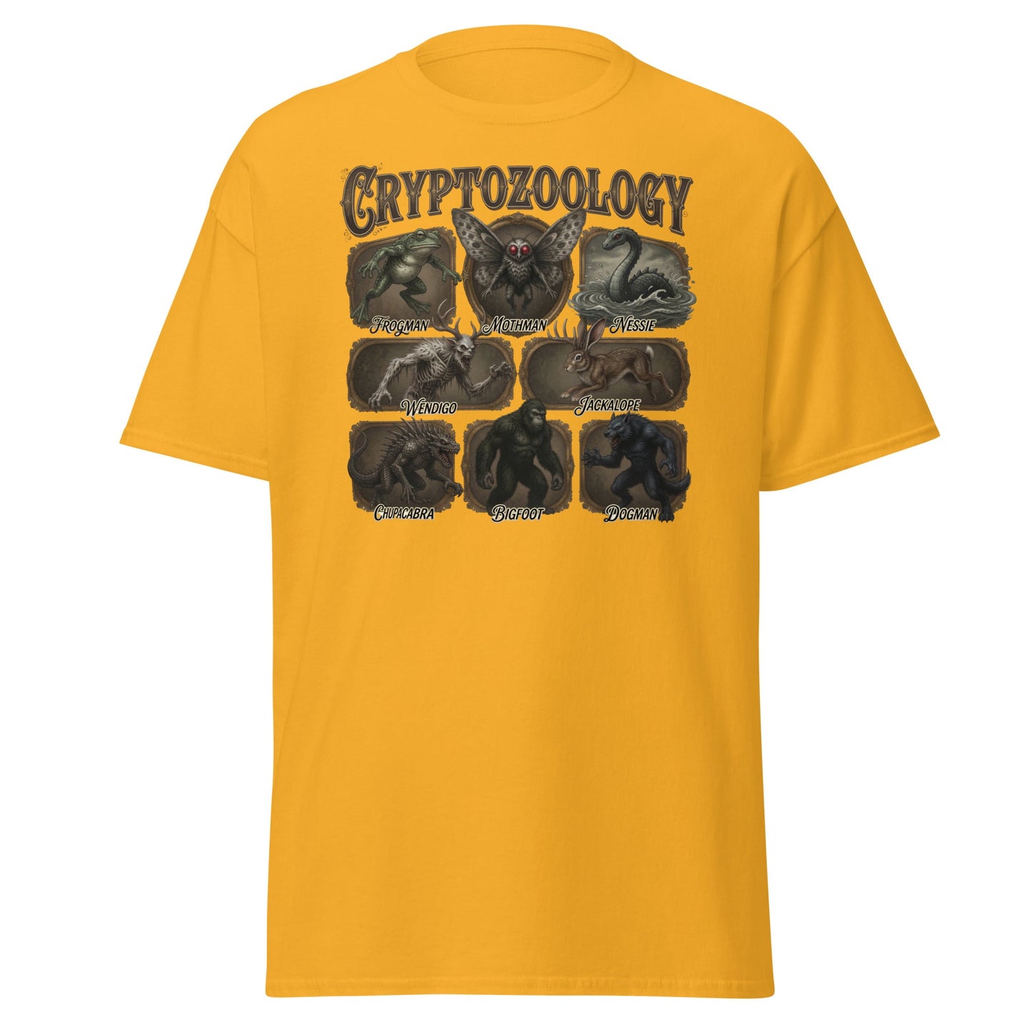 Cryptozoology T-Shirt - Bigfoot Mothman Nessie Tee - Gold - T-Shirts Online