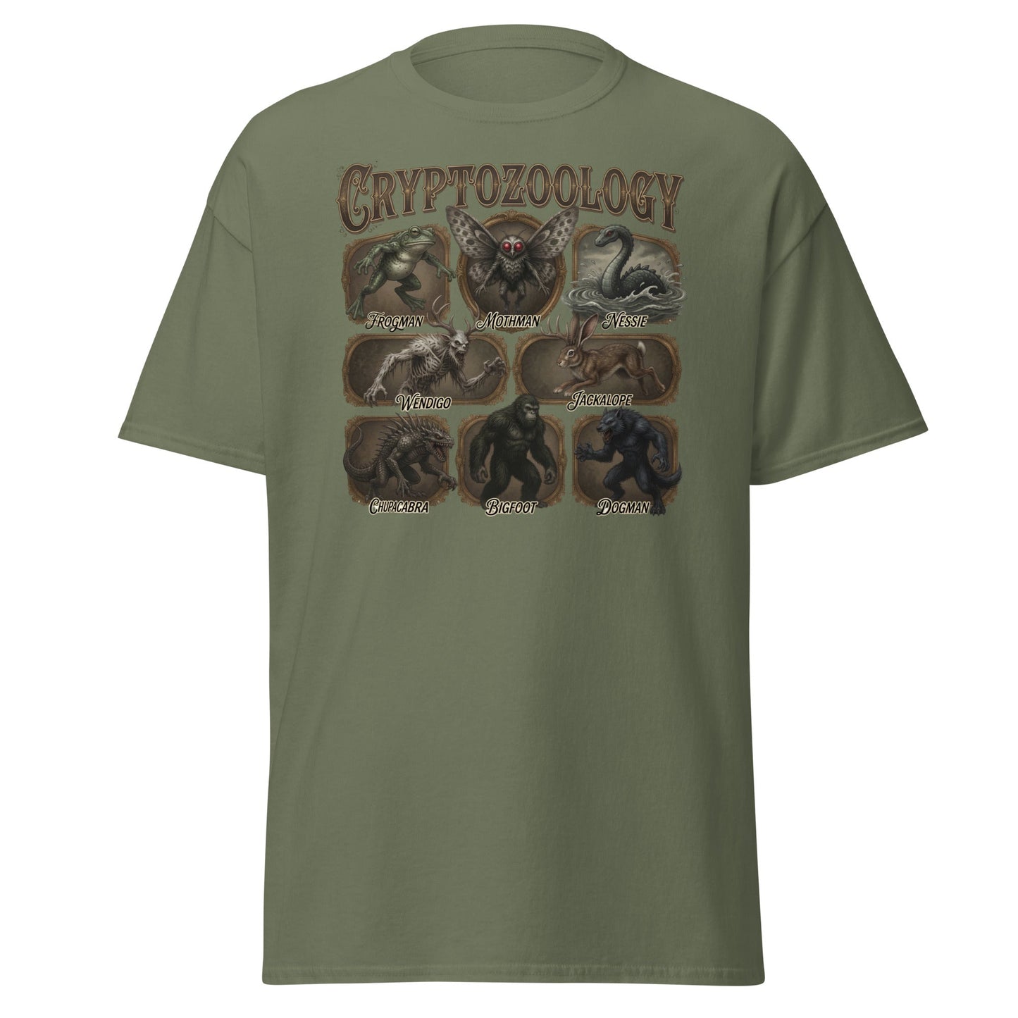 Cryptozoology T-Shirt - Bigfoot Mothman Nessie Tee - Military Green - T-Shirts Online