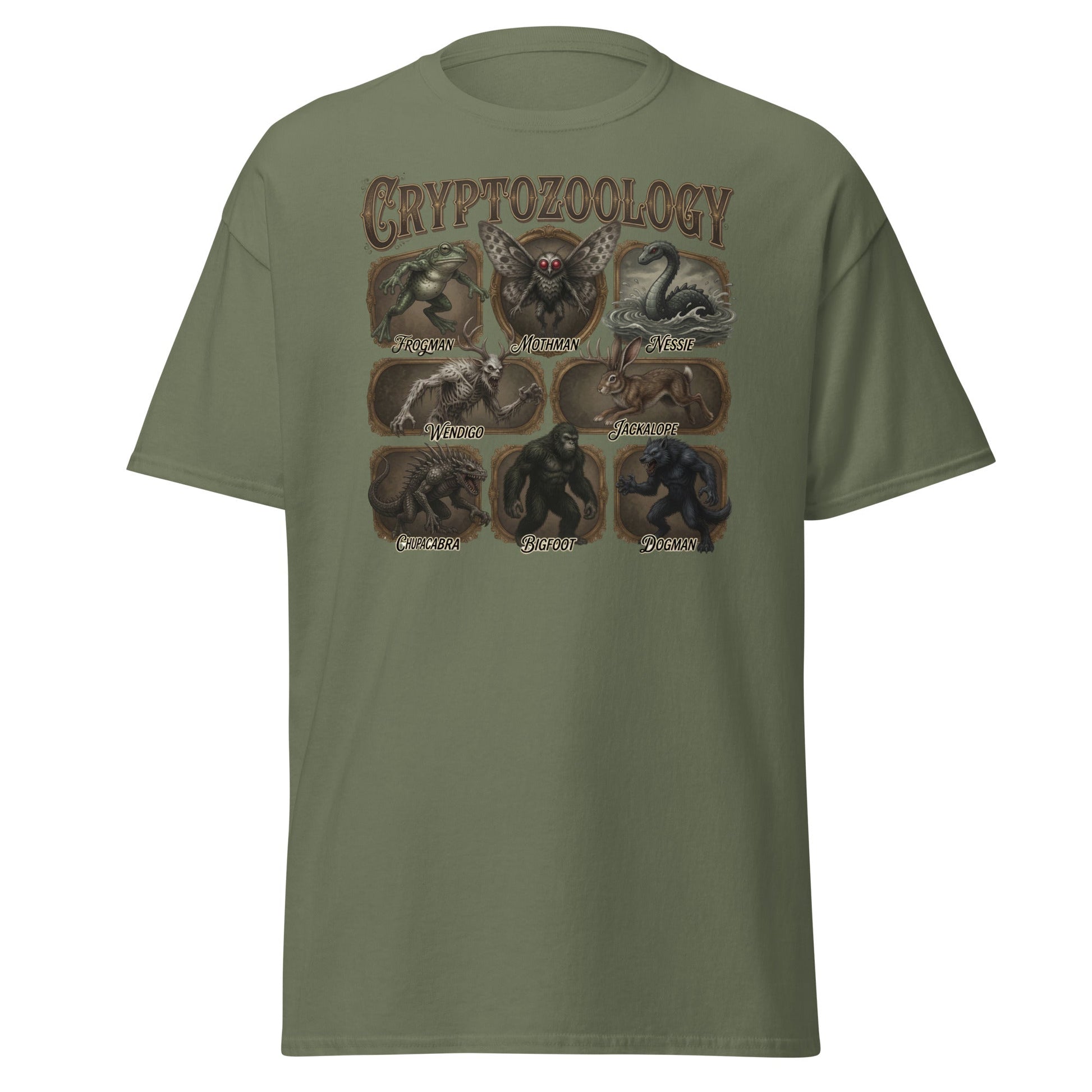 Cryptozoology T-Shirt - Bigfoot Mothman Nessie Tee - Military Green - T-Shirts Online