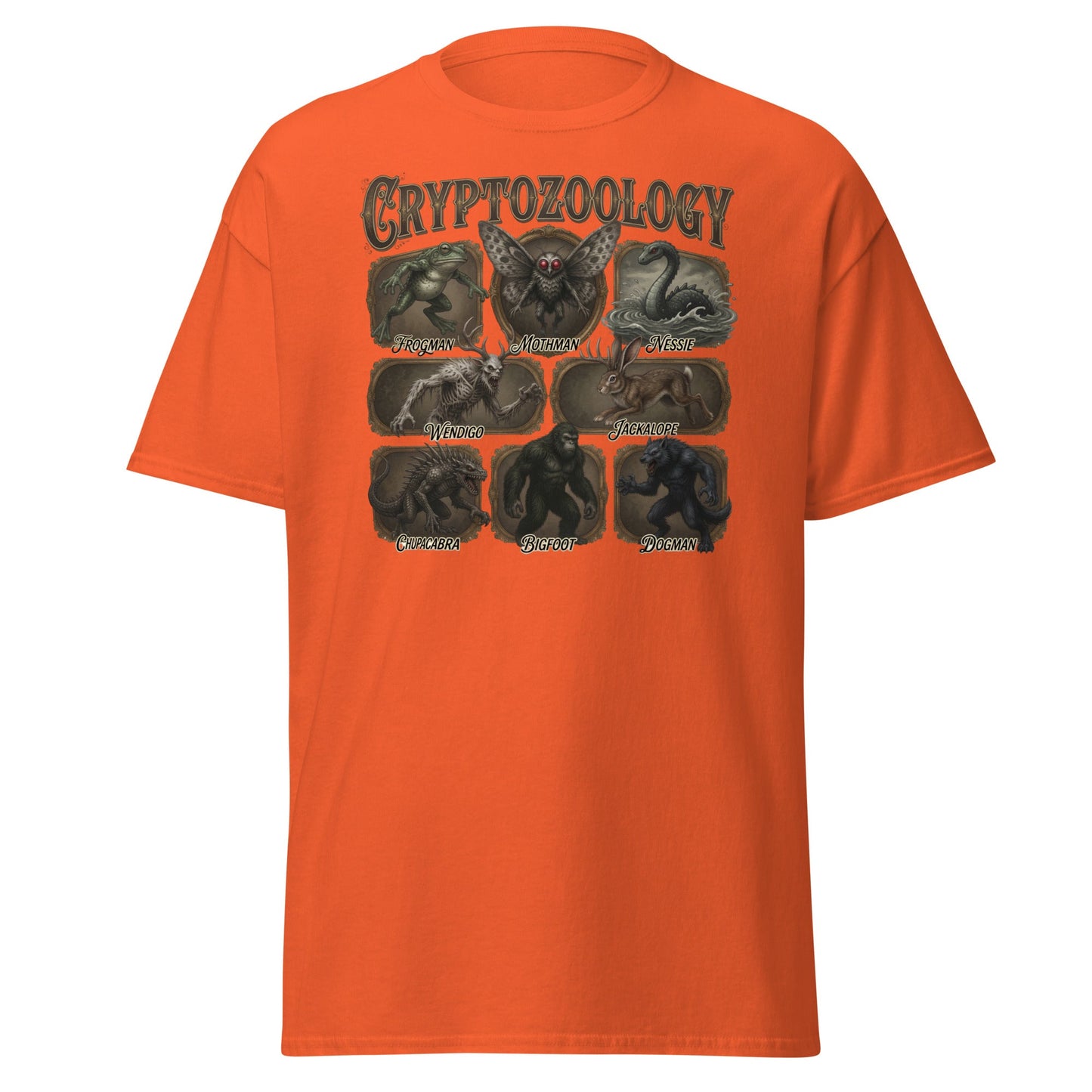 Cryptozoology T-Shirt - Bigfoot Mothman Nessie Tee - Orange - T-Shirts Online
