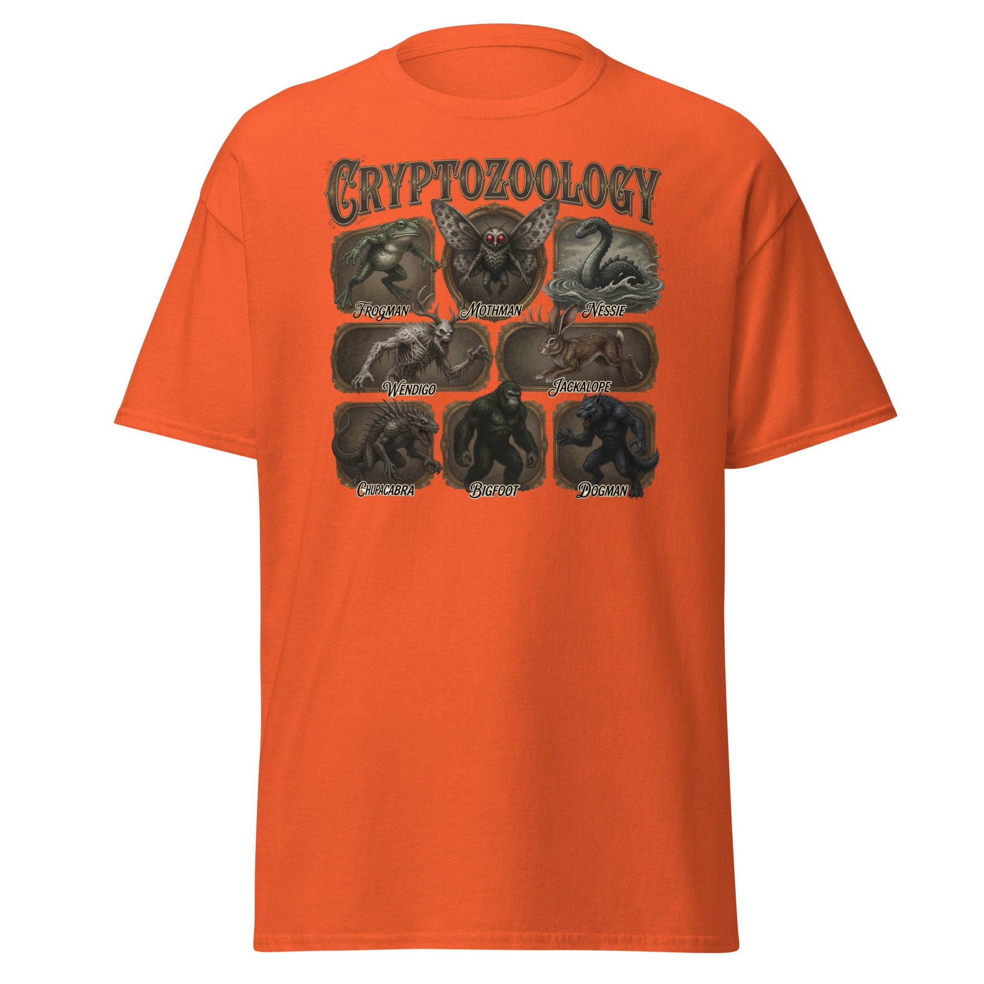 Cryptozoology T-Shirt - Bigfoot Mothman Nessie Tee - Orange - T-Shirts Online