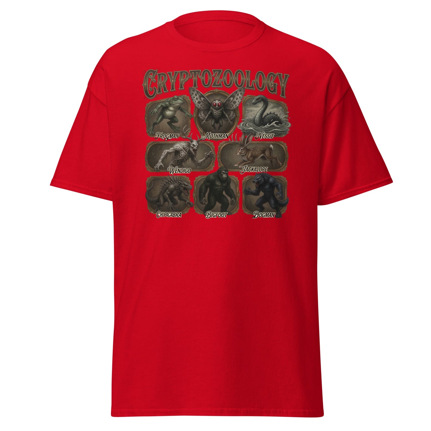 Cryptozoology T-Shirt - Bigfoot Mothman Nessie Tee - Red - T-Shirts Online
