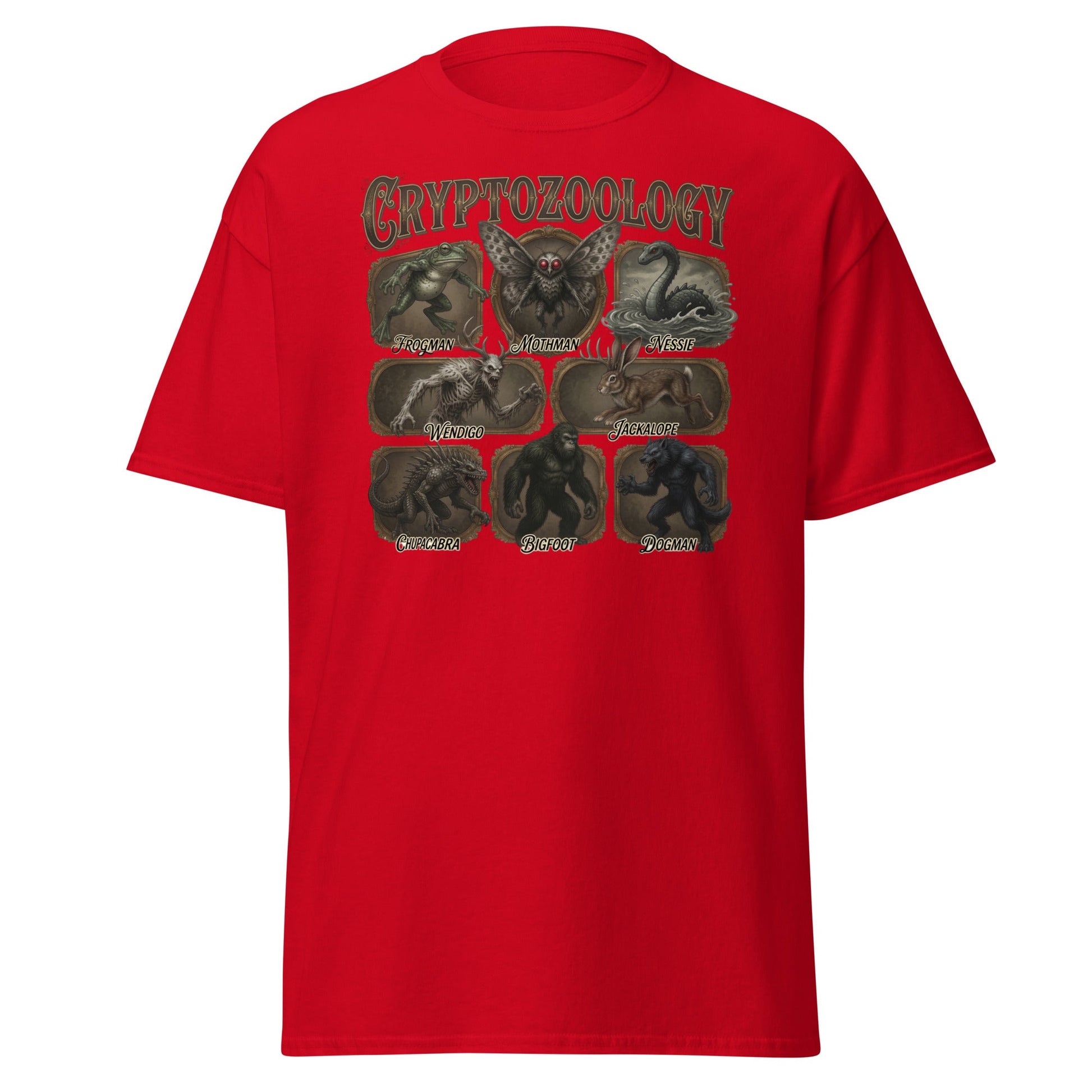 Cryptozoology T-Shirt - Bigfoot Mothman Nessie Tee - Red - T-Shirts Online