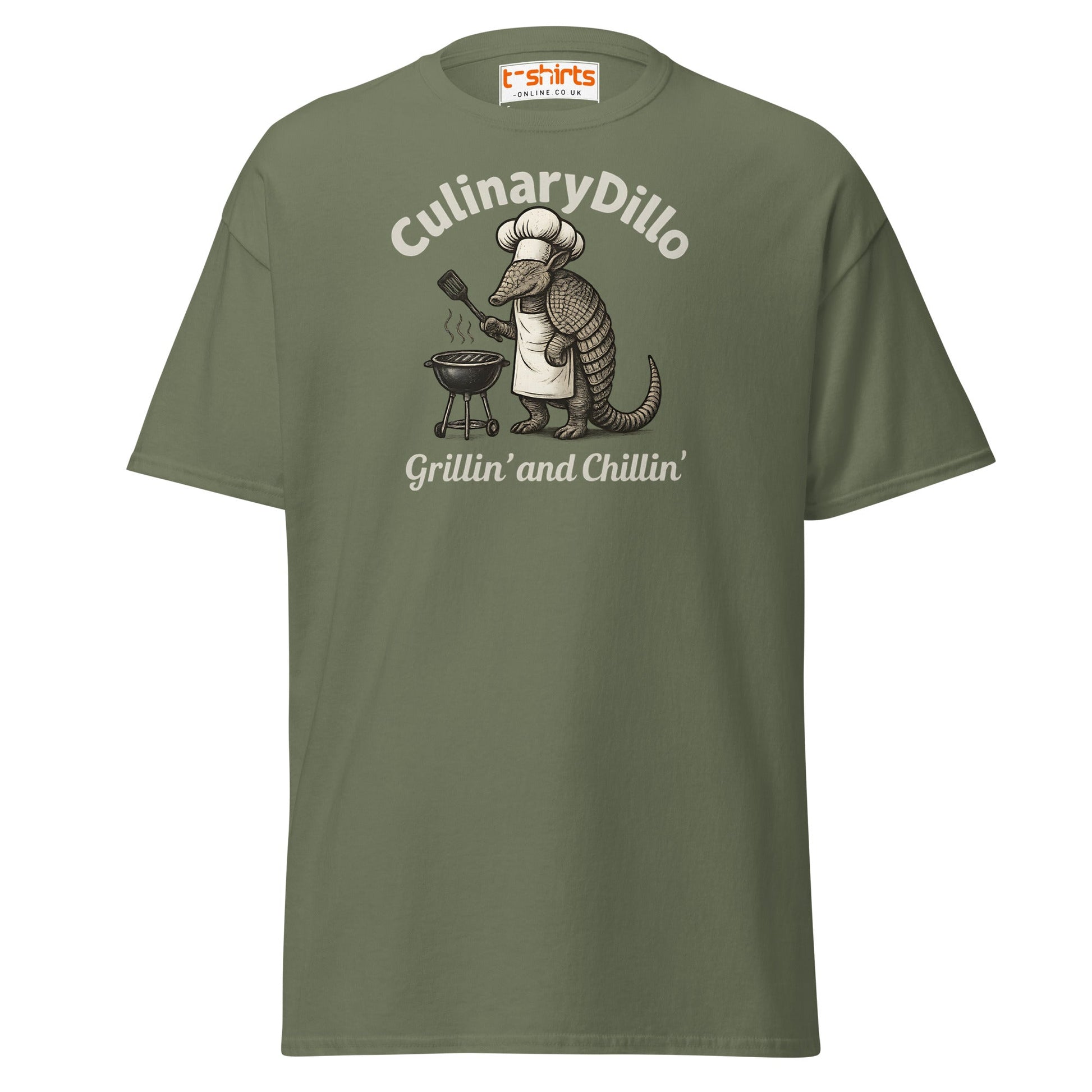 CulinaryDillo BBQ Armadillo T-Shirt – Grill & Chill Tee - Military Green - T-Shirts Online