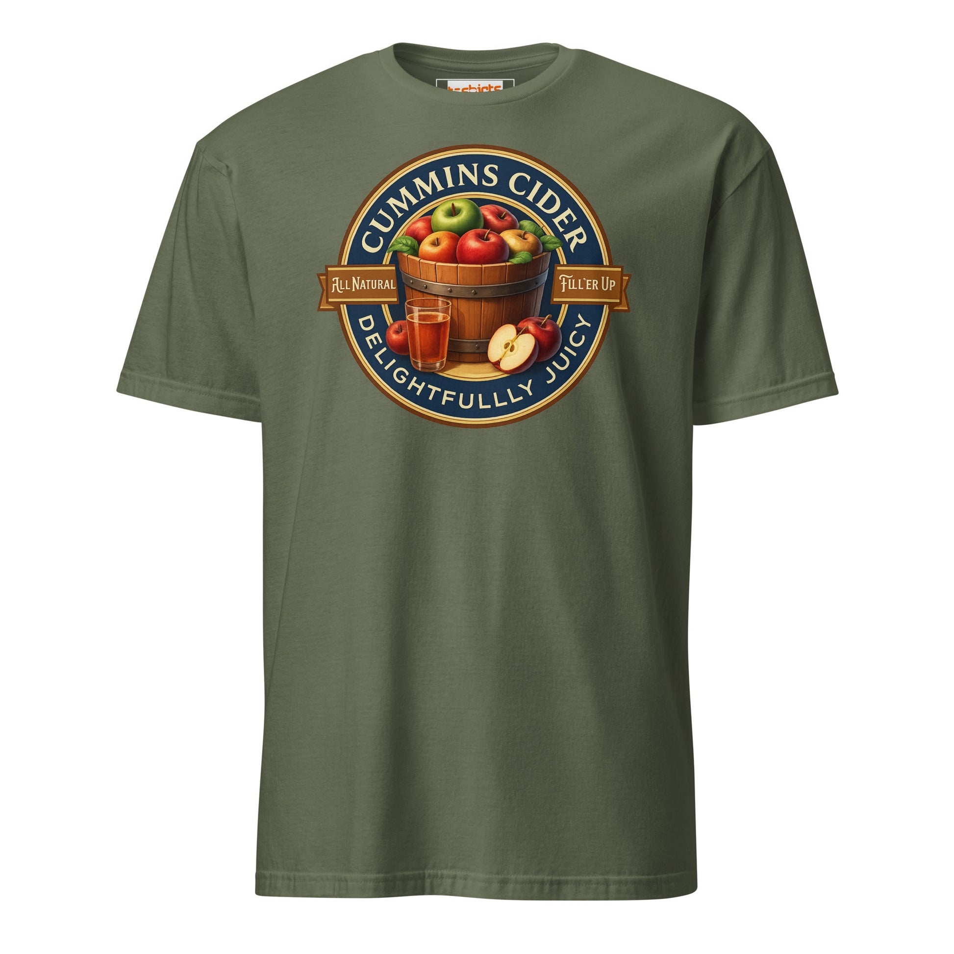 Green t-shirt with Cummins Cider logo on a white background