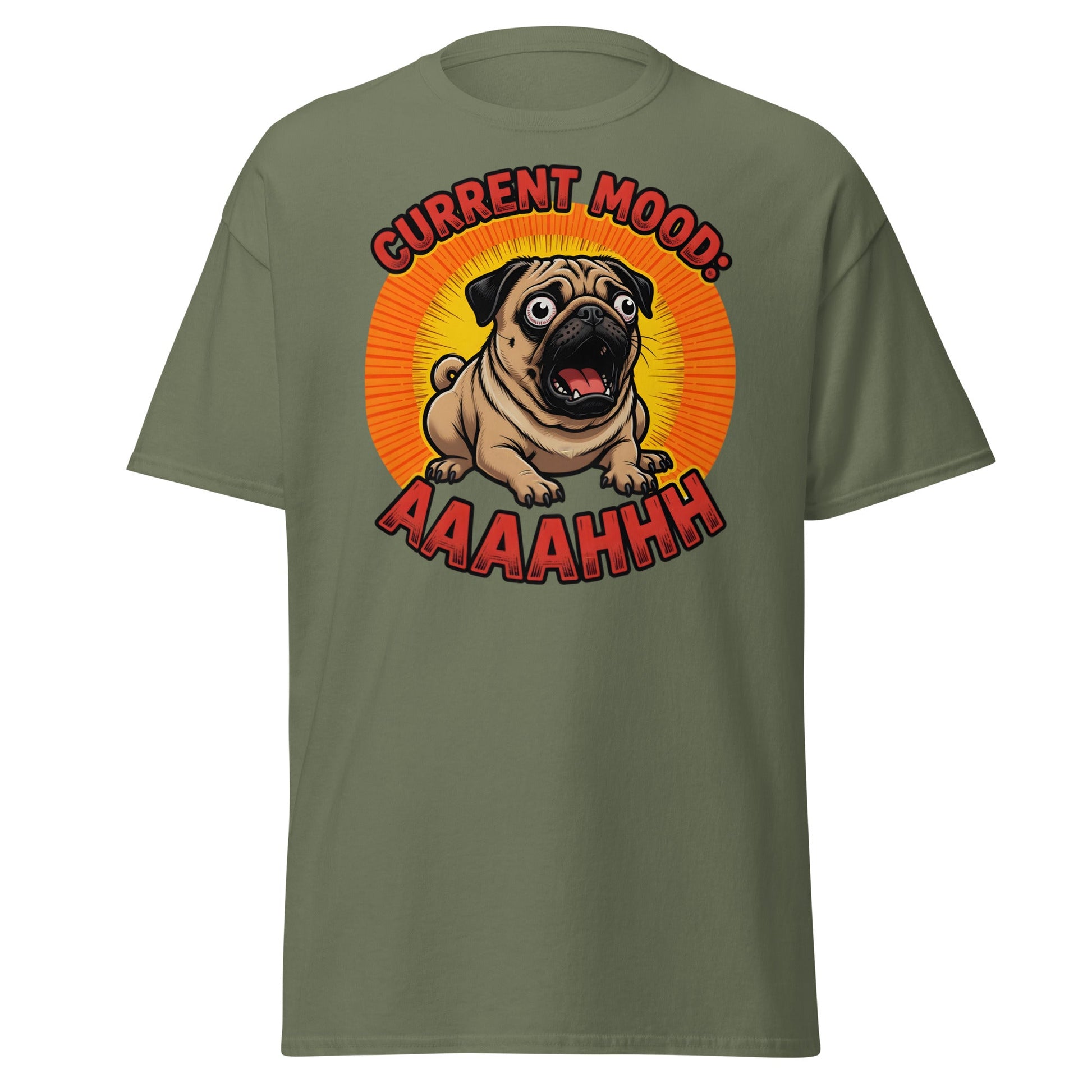 Current Mood AAAAHHHH Pug T-Shirt - Funny Stressed Dog Tee - Military Green - T-Shirts Online