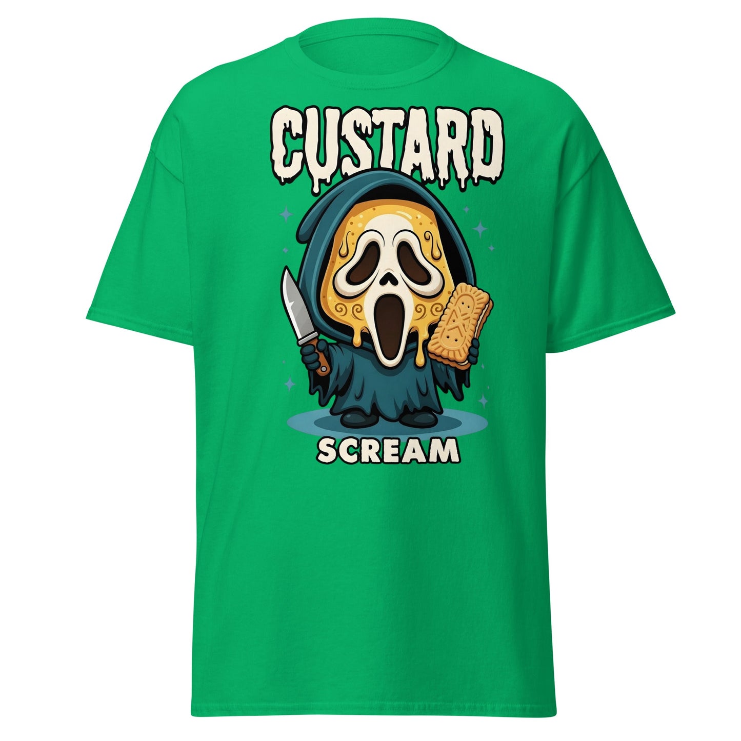 Custard Scream T-Shirt | Funny Horror Biscuit Mashup Tee - Irish Green - T-Shirts Online