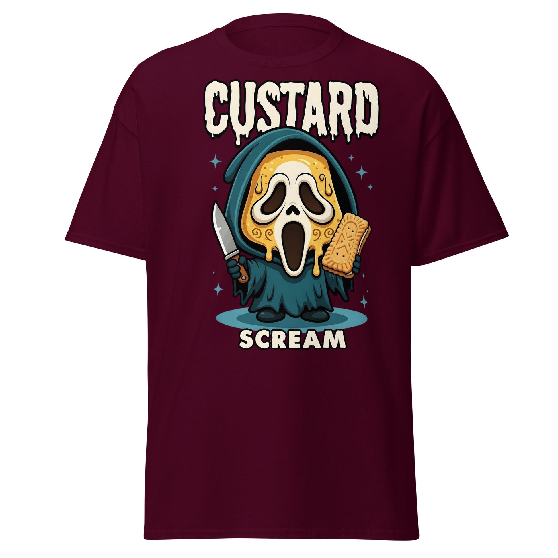 Custard Scream T-Shirt | Funny Horror Biscuit Mashup Tee - Maroon - T-Shirts Online
