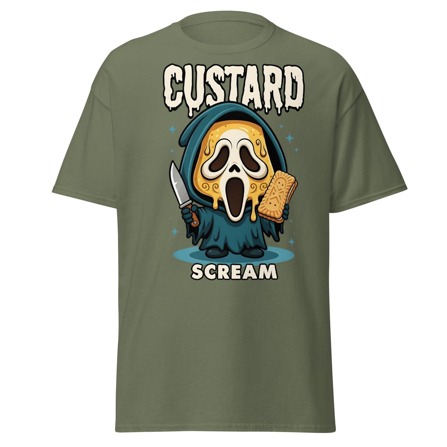 Custard Scream T-Shirt | Funny Horror Biscuit Mashup Tee - Military Green - T-Shirts Online