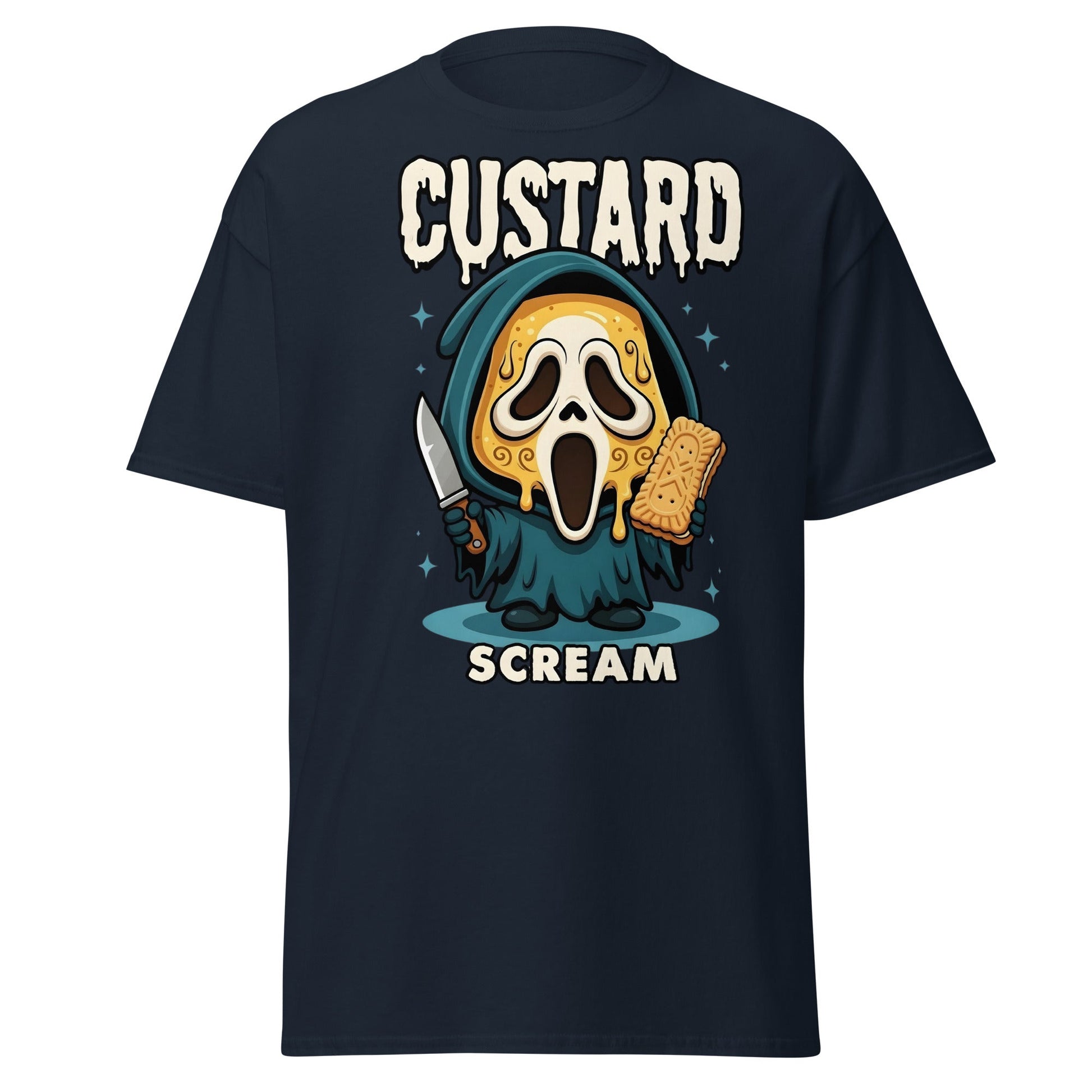 Custard Scream T-Shirt | Funny Horror Biscuit Mashup Tee - Navy - T-Shirts Online