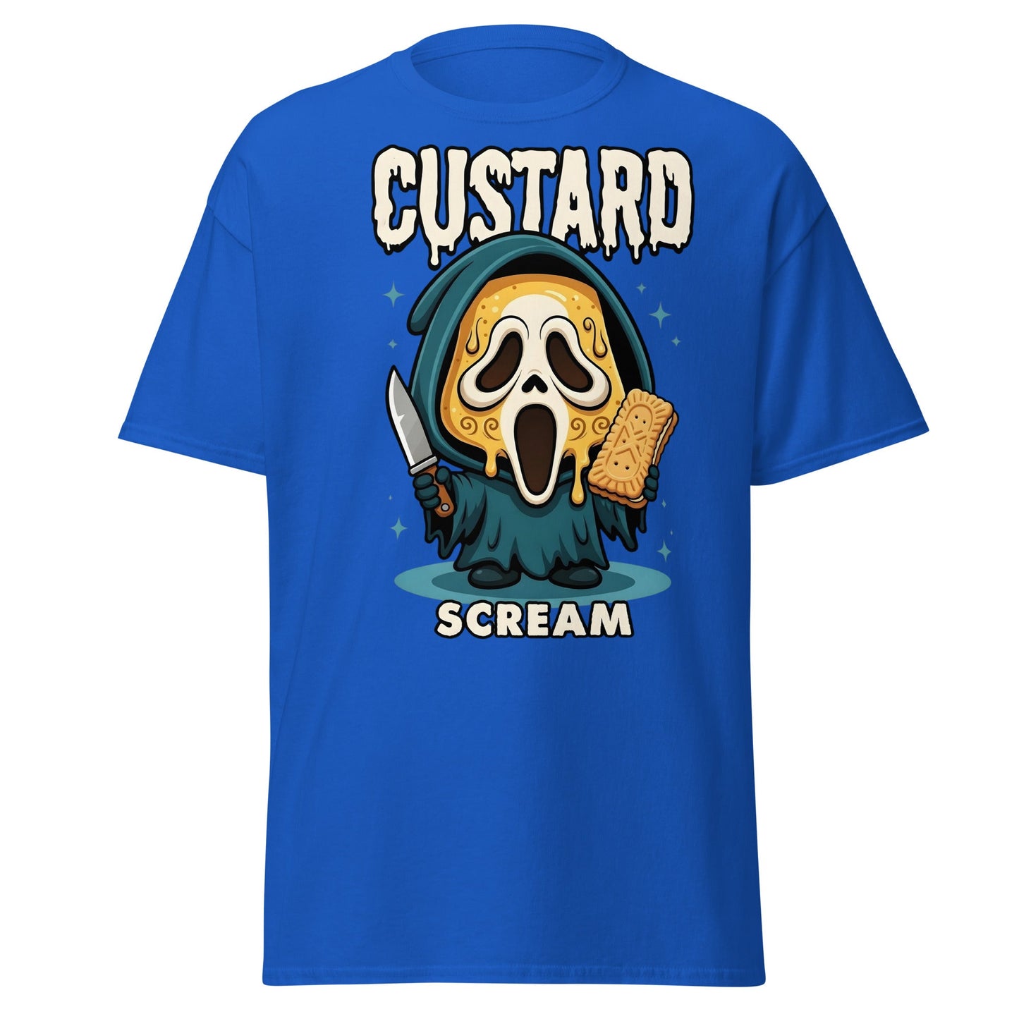 Custard Scream T-Shirt | Funny Horror Biscuit Mashup Tee - Royal - T-Shirts Online