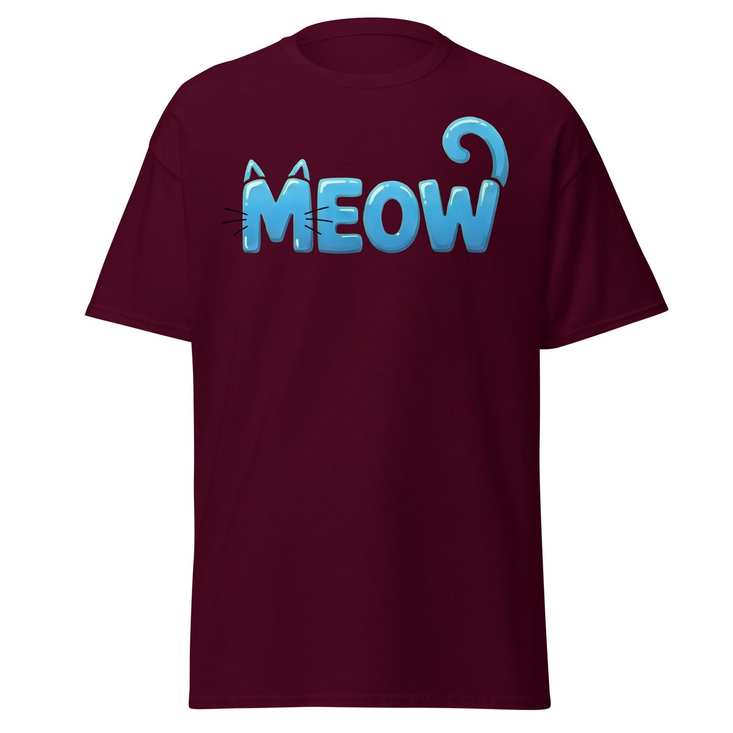 Cute Blue Cat Meow Bubble Letter T-Shirt - Kawaii Cat Tee - Maroon - T-Shirts Online