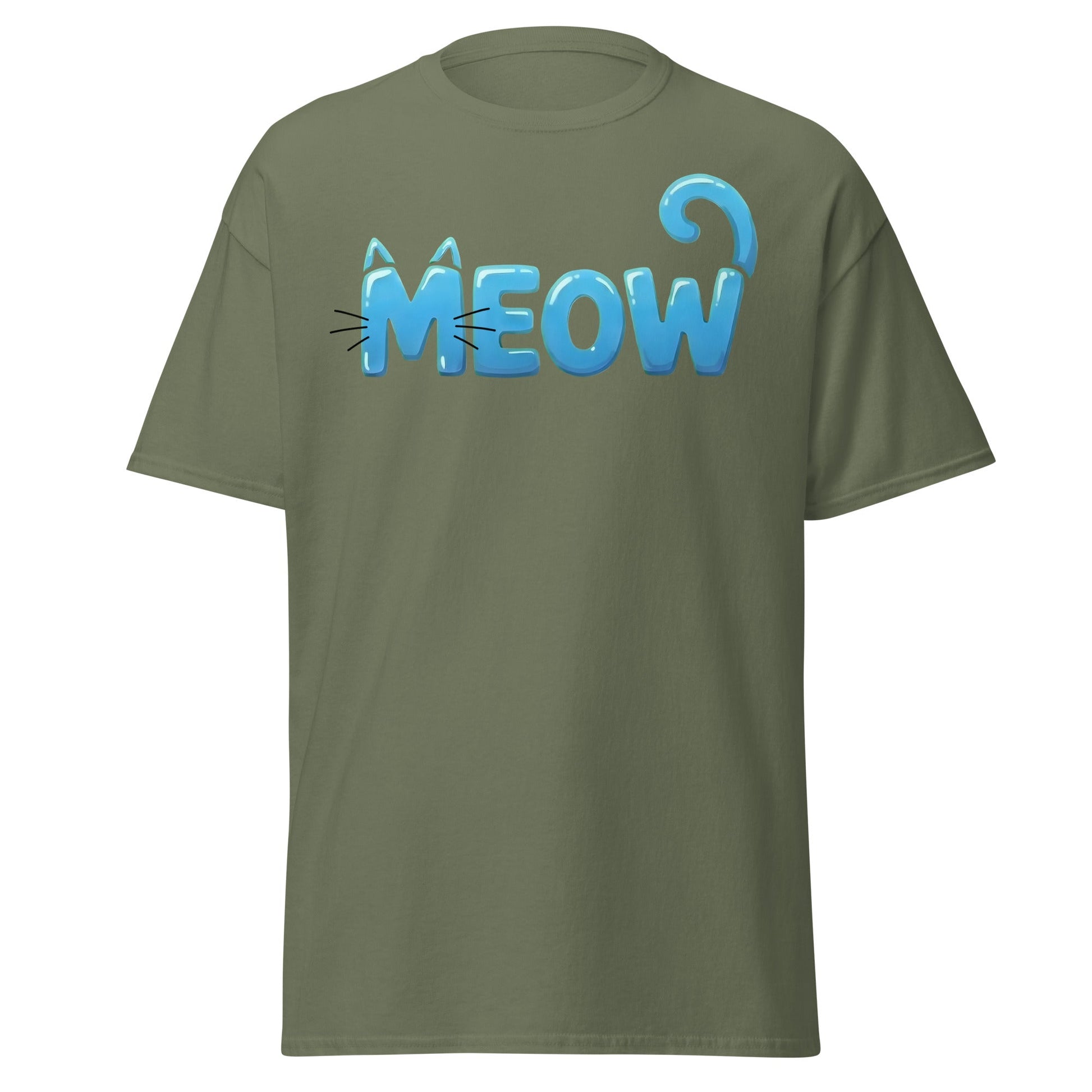 Cute Blue Cat Meow Bubble Letter T-Shirt - Kawaii Cat Tee - Military Green - T-Shirts Online