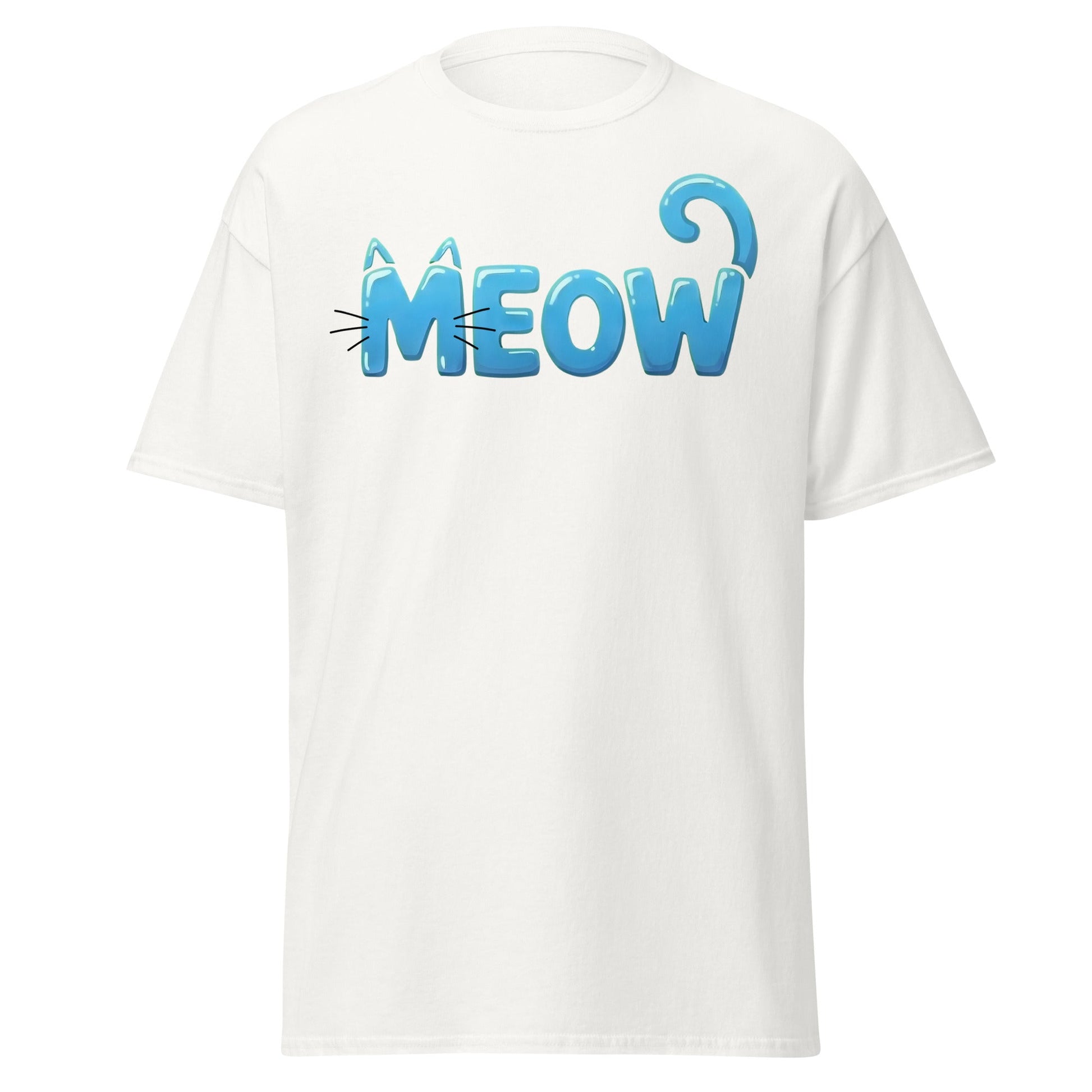Cute Blue Cat Meow Bubble Letter T-Shirt - Kawaii Cat Tee - White - T-Shirts Online