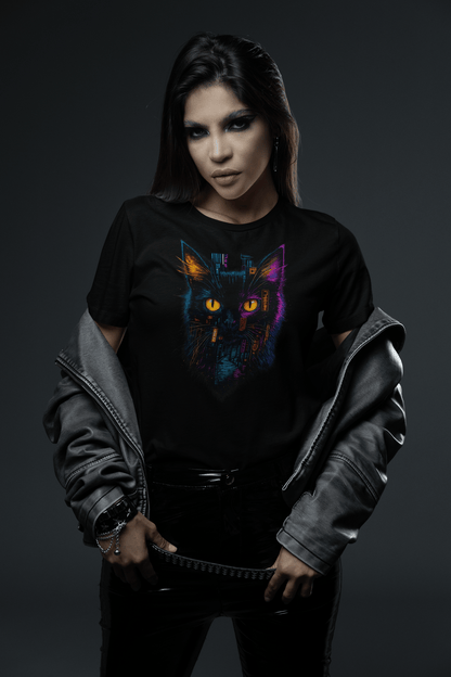 Person wearing a black sweatshirt with a colorful cat graphic on a dark background