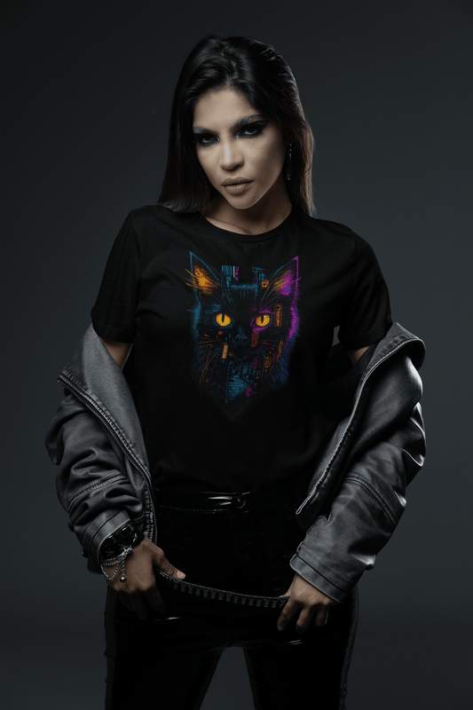 Person wearing a black sweatshirt with a colorful cat graphic on a dark background