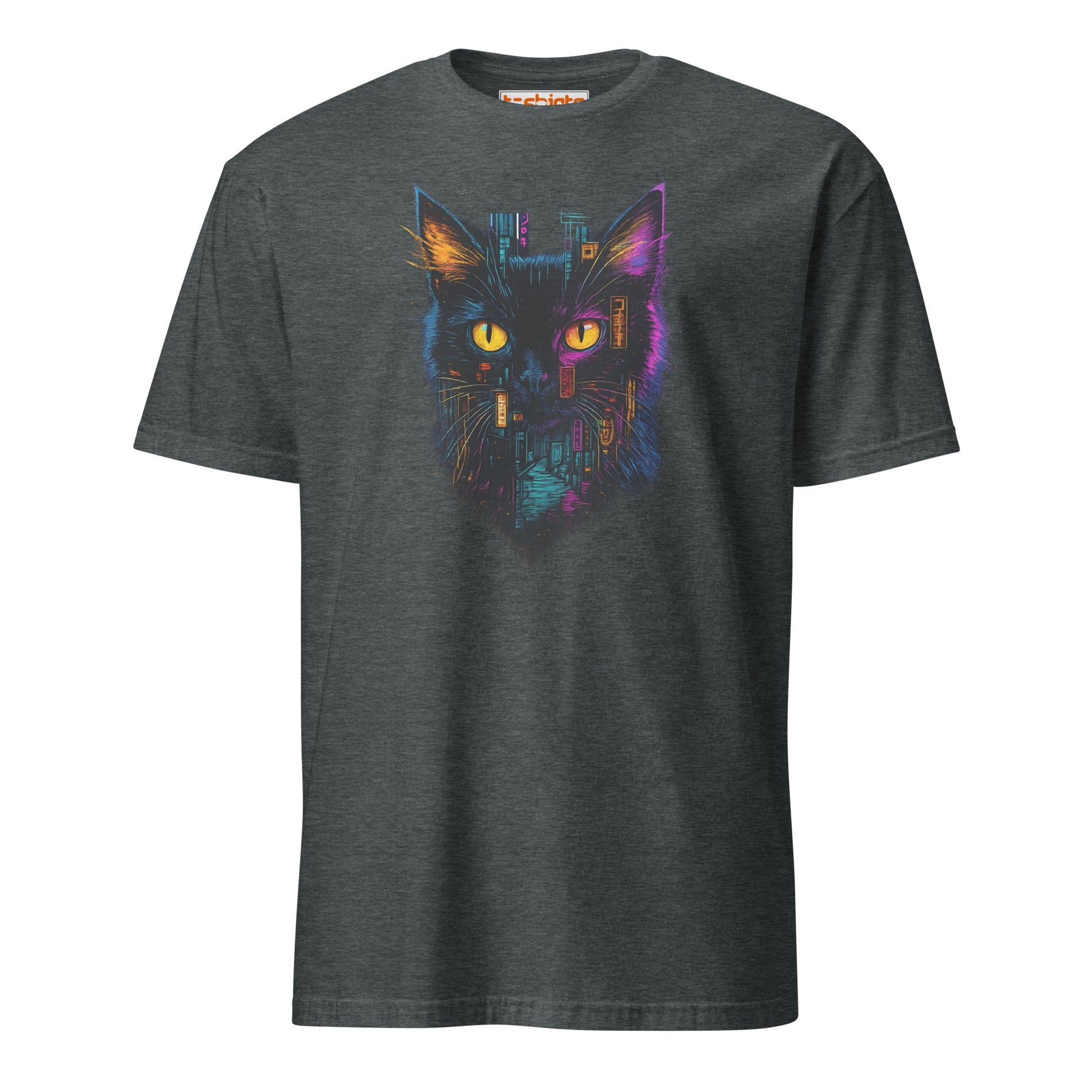 Cyberpunk Neon Cat T-Shirt – Futuristic Glow Tee - Dark Heather - T-Shirts Online