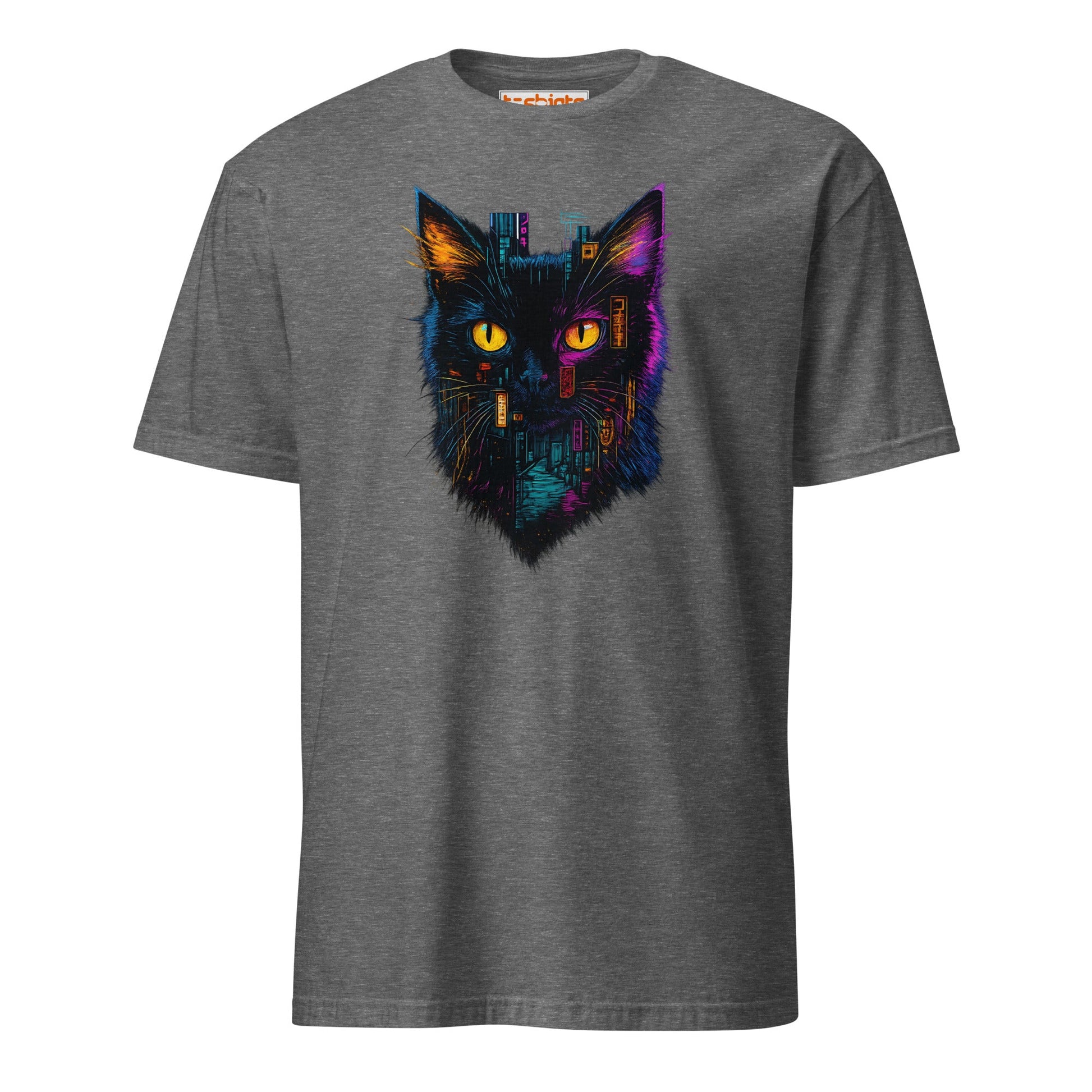 Cyberpunk Neon Cat T-Shirt – Futuristic Glow Tee - Graphite Heather - T-Shirts Online