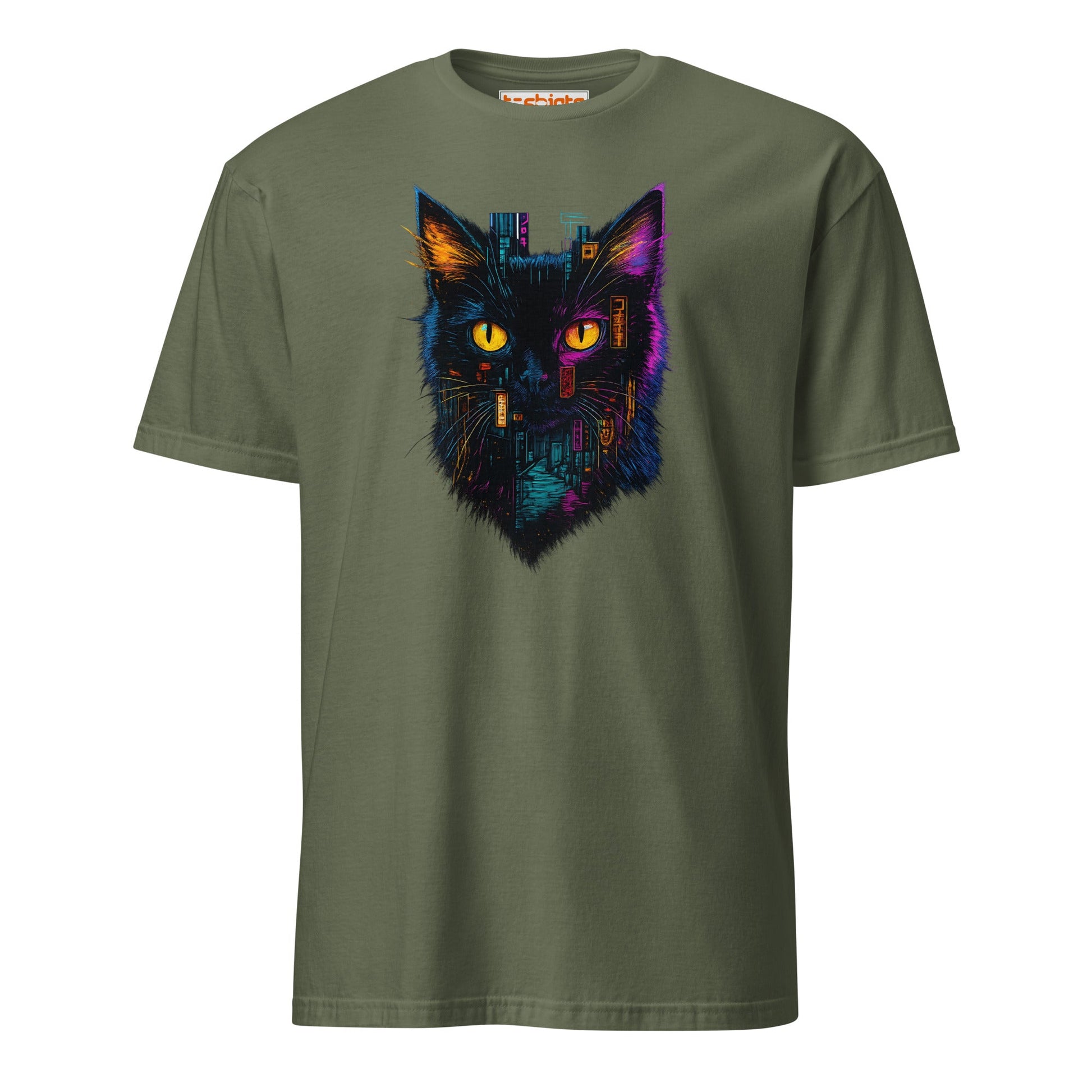 Cyberpunk Neon Cat T-Shirt – Futuristic Glow Tee - Military Green - T-Shirts Online