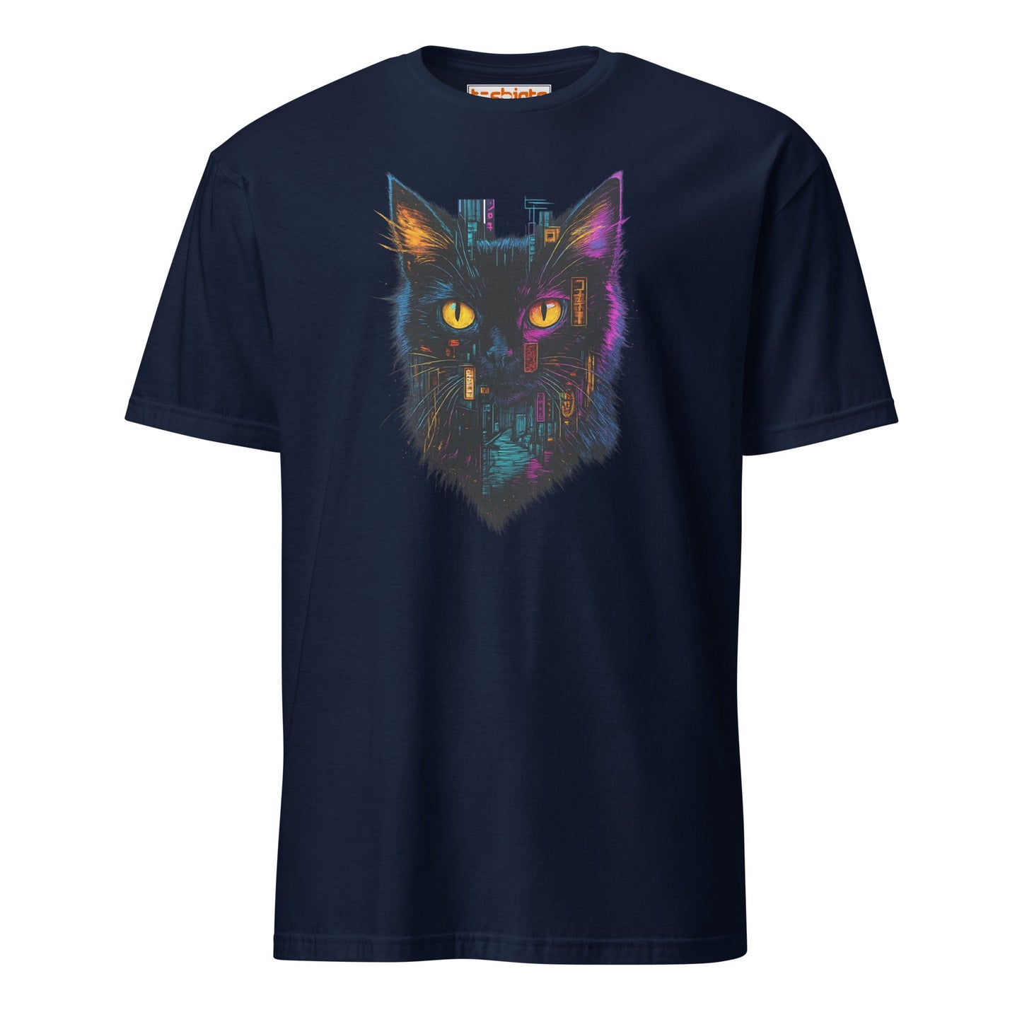Cyberpunk Neon Cat T-Shirt – Futuristic Glow Tee - Navy - T-Shirts Online
