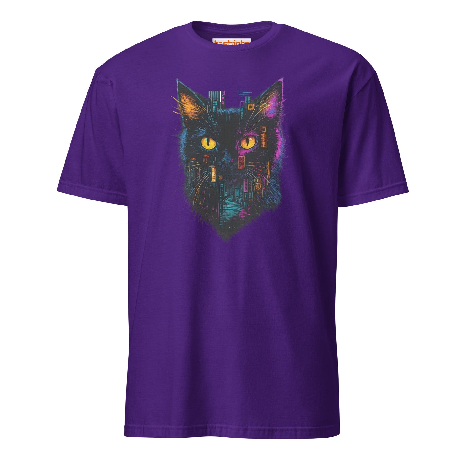 Cyberpunk Neon Cat T-Shirt – Futuristic Glow Tee - Purple - T-Shirts Online