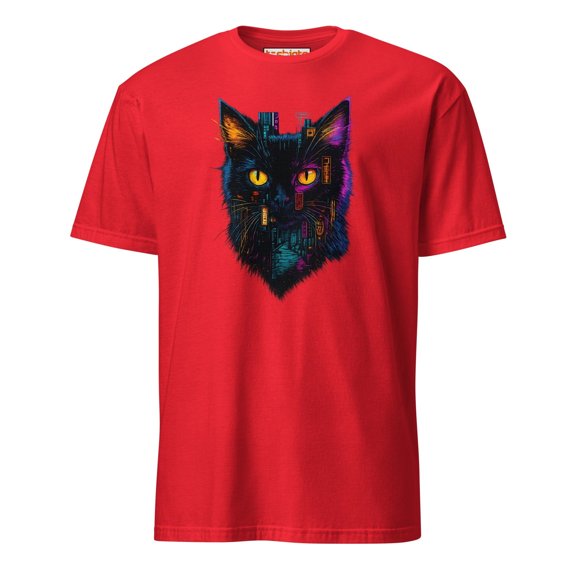 Cyberpunk Neon Cat T-Shirt – Futuristic Glow Tee - Red - T-Shirts Online