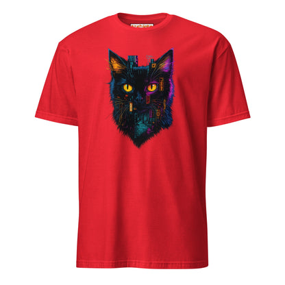 Cyberpunk Neon Cat T-Shirt – Futuristic Glow Tee - Red - T-Shirts Online