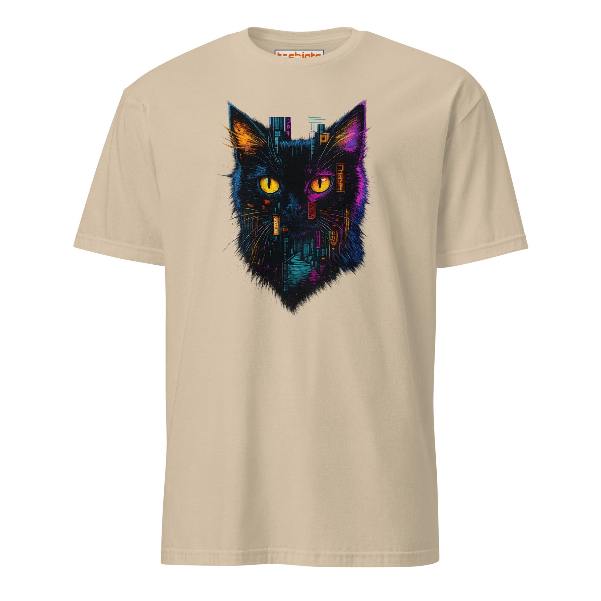 Cyberpunk Neon Cat T-Shirt – Futuristic Glow Tee - Sand - T-Shirts Online