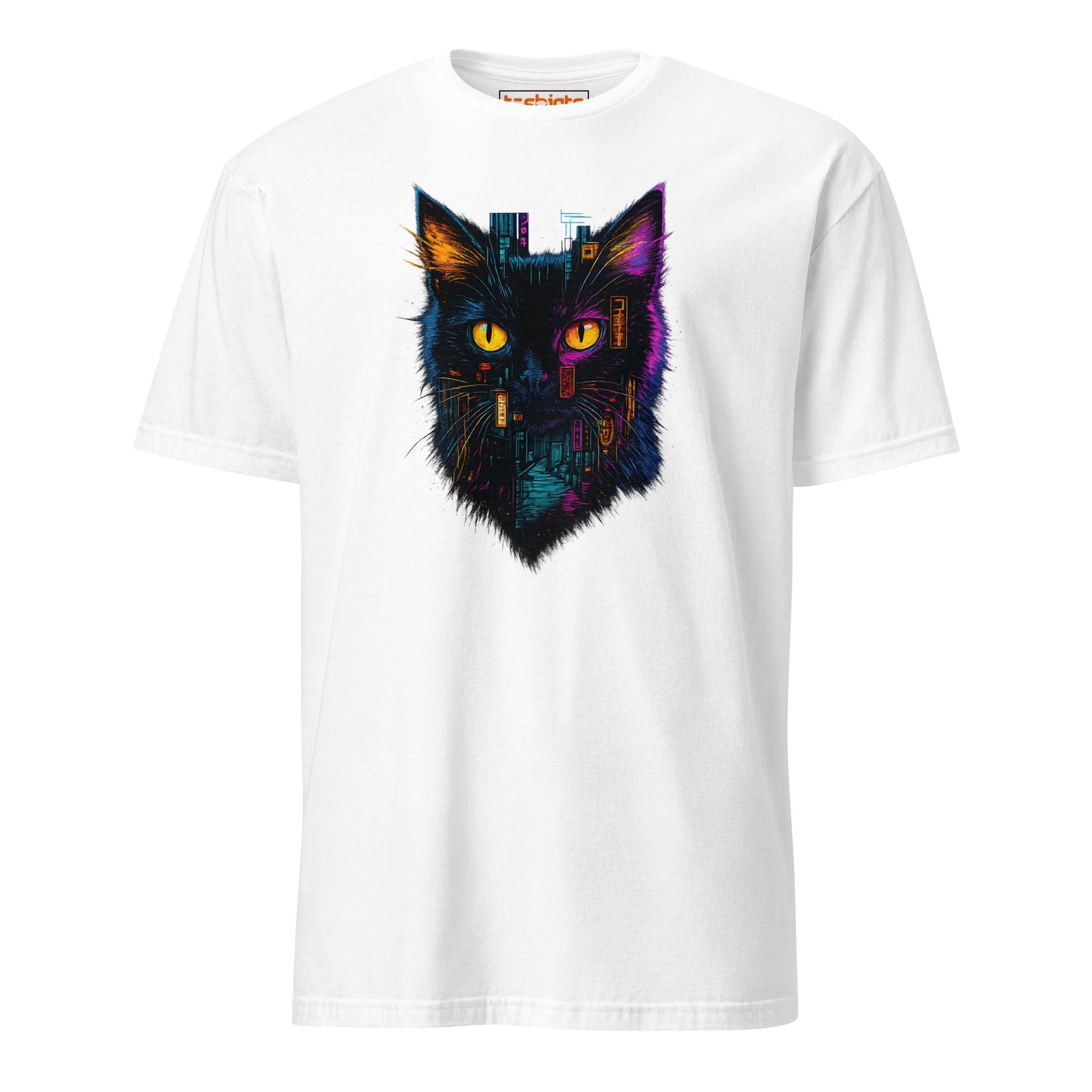 Cyberpunk Neon Cat T-Shirt – Futuristic Glow Tee - White - T-Shirts Online