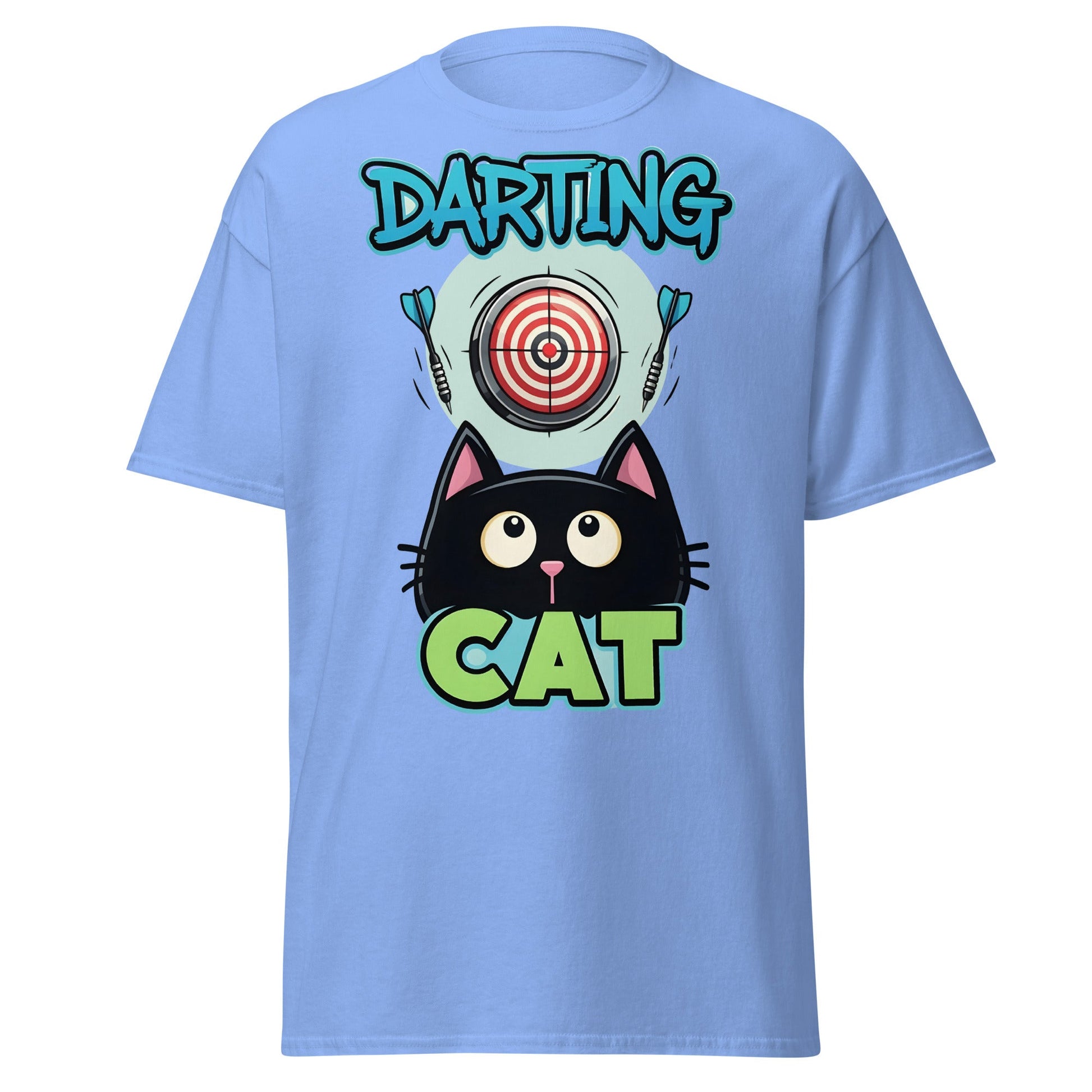 Darting Cat T-Shirt | Funny Darts & Black Cat Graphic Apparel - Carolina Blue - T-Shirts Online