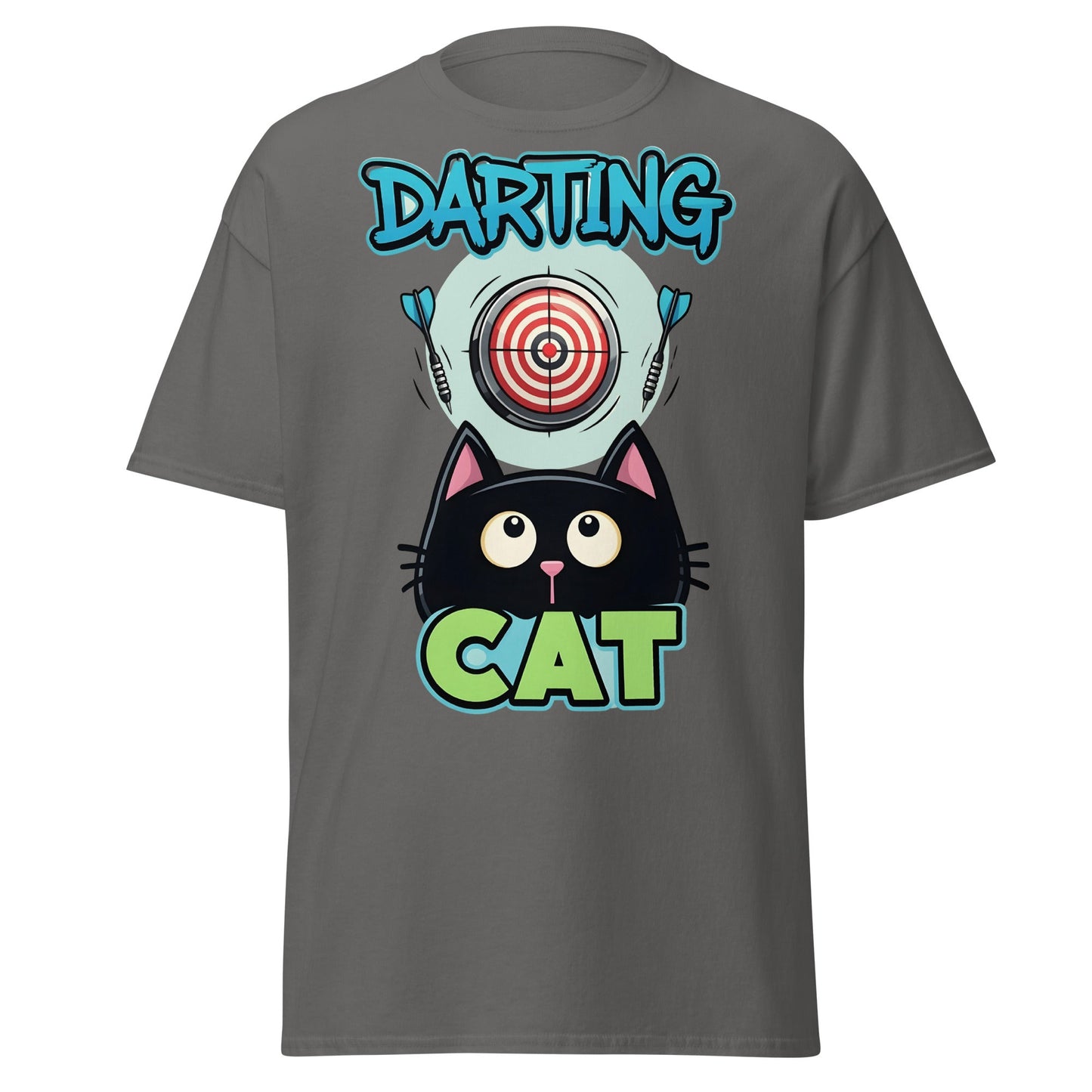 Darting Cat T-Shirt | Funny Darts & Black Cat Graphic Apparel - Charcoal - T-Shirts Online