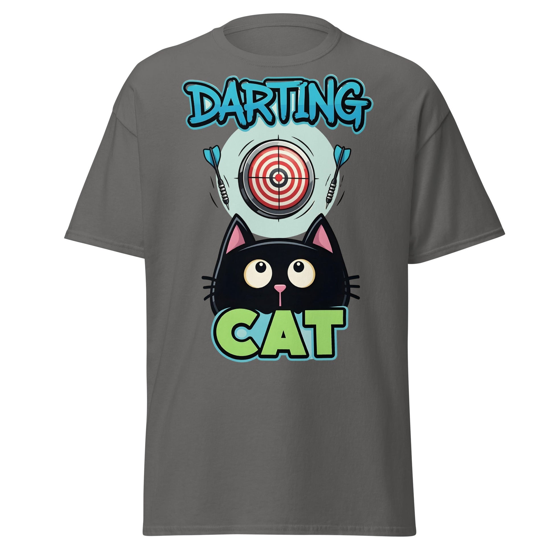 Darting Cat T-Shirt | Funny Darts & Black Cat Graphic Apparel - Charcoal - T-Shirts Online