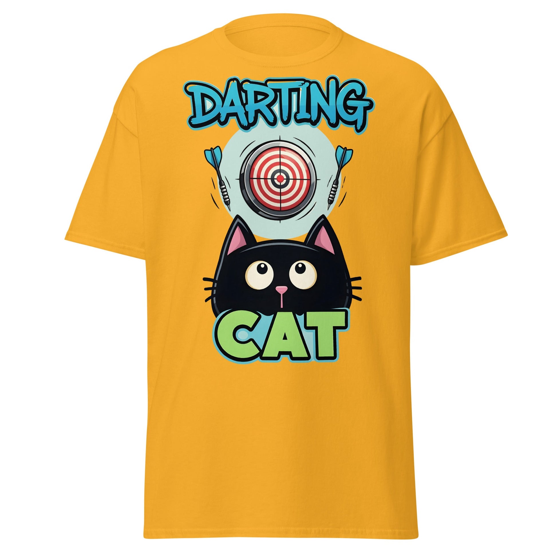 Darting Cat T-Shirt | Funny Darts & Black Cat Graphic Apparel - Gold - T-Shirts Online