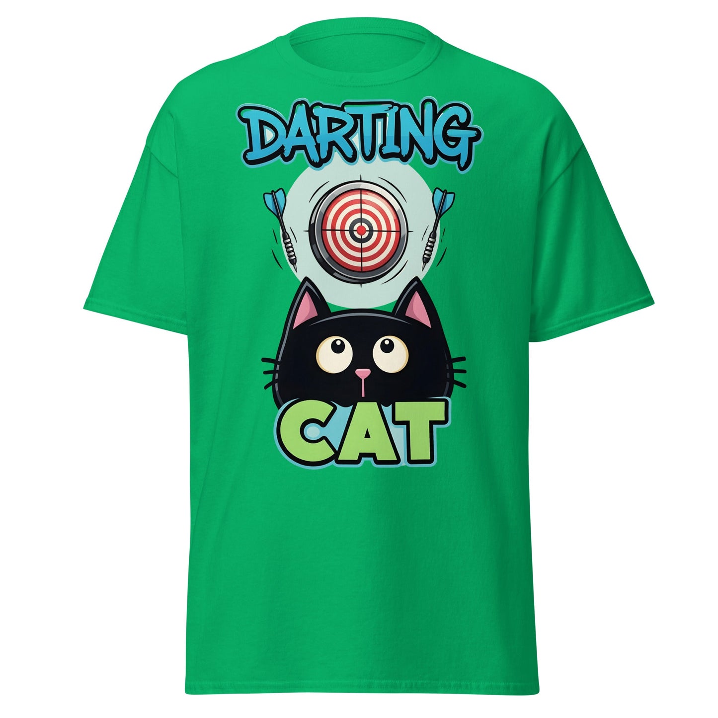 Darting Cat T-Shirt | Funny Darts & Black Cat Graphic Apparel - Irish Green - T-Shirts Online