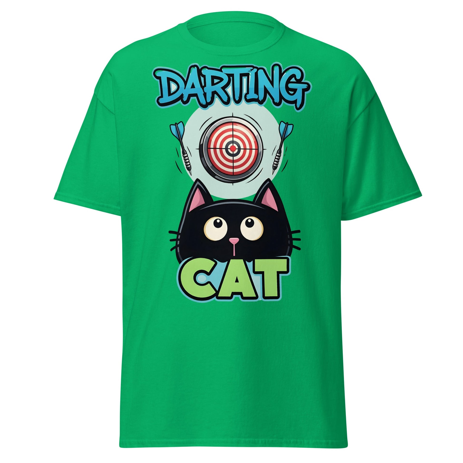 Darting Cat T-Shirt | Funny Darts & Black Cat Graphic Apparel - Irish Green - T-Shirts Online