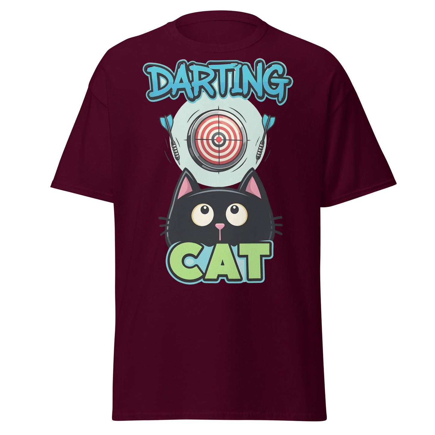 Darting Cat T-Shirt | Funny Darts & Black Cat Graphic Apparel - Maroon - T-Shirts Online