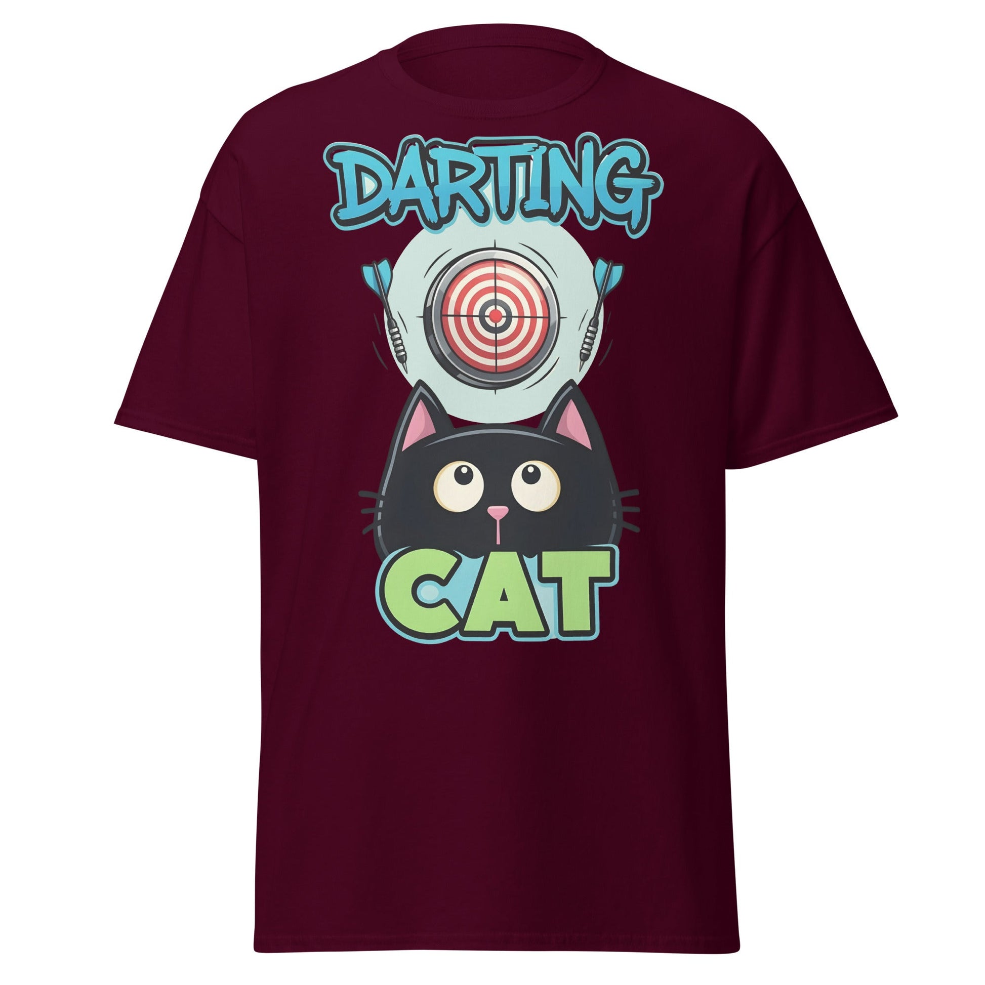 Darting Cat T-Shirt | Funny Darts & Black Cat Graphic Apparel - Maroon - T-Shirts Online