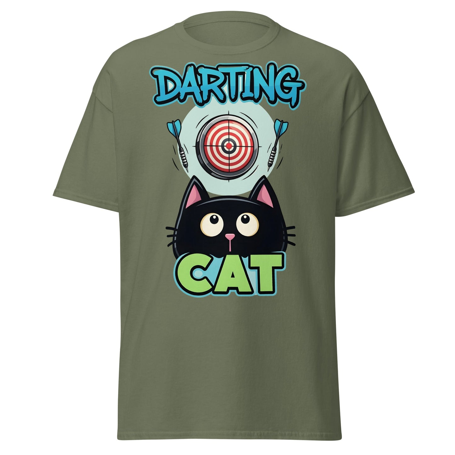 Darting Cat T-Shirt | Funny Darts & Black Cat Graphic Apparel - Military Green - T-Shirts Online