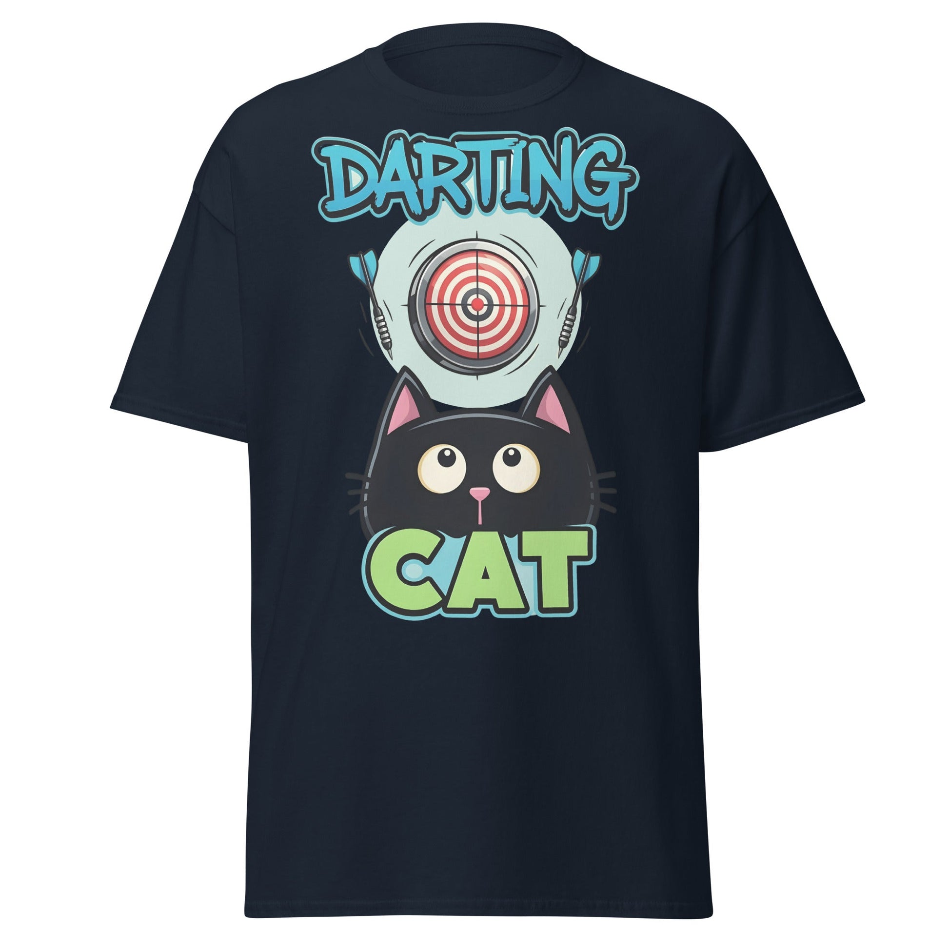 Darting Cat T-Shirt | Funny Darts & Black Cat Graphic Apparel - Navy - T-Shirts Online