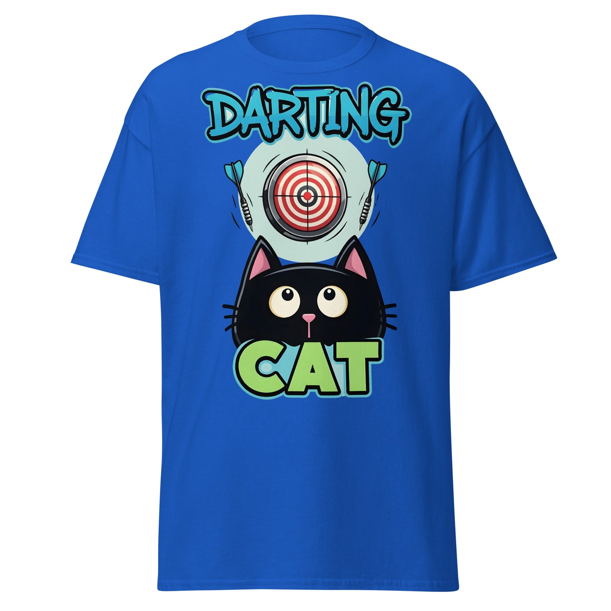 Darting Cat T-Shirt | Funny Darts & Black Cat Graphic Apparel - Royal - T-Shirts Online