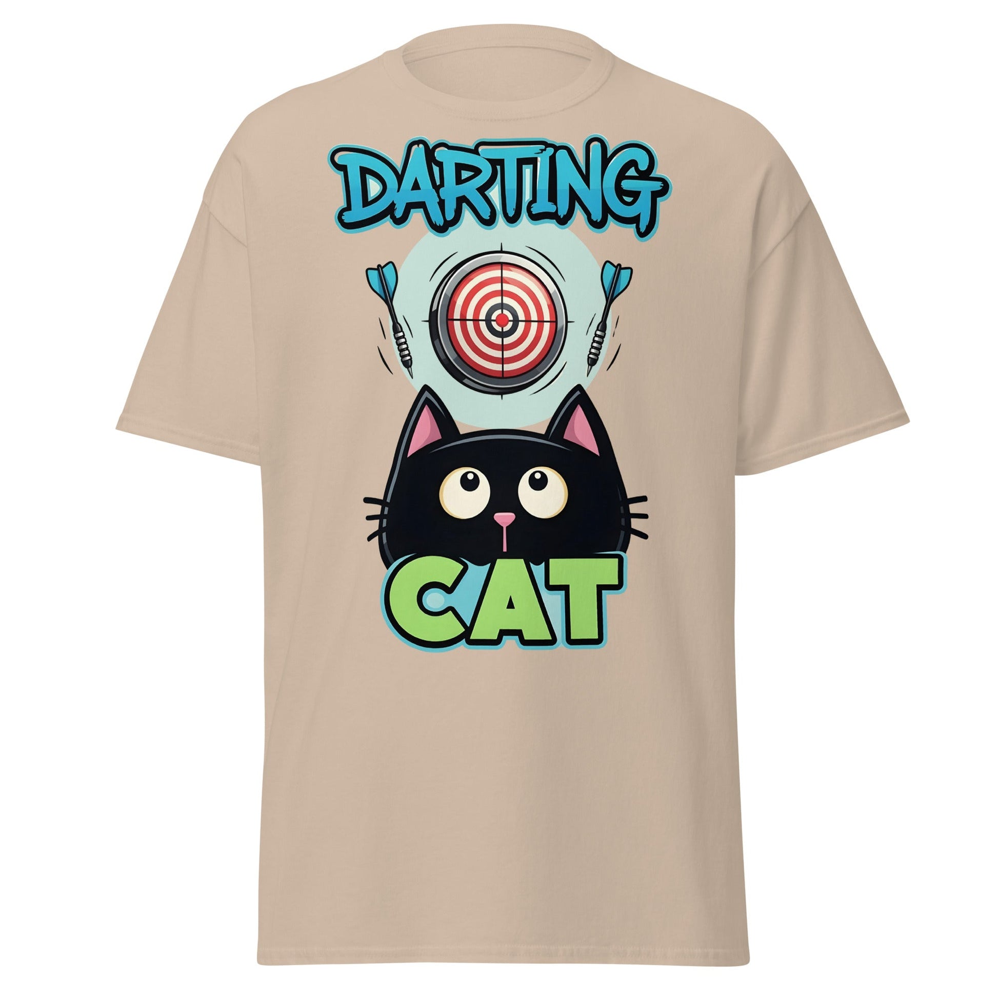 Darting Cat T-Shirt | Funny Darts & Black Cat Graphic Apparel - Sand - T-Shirts Online