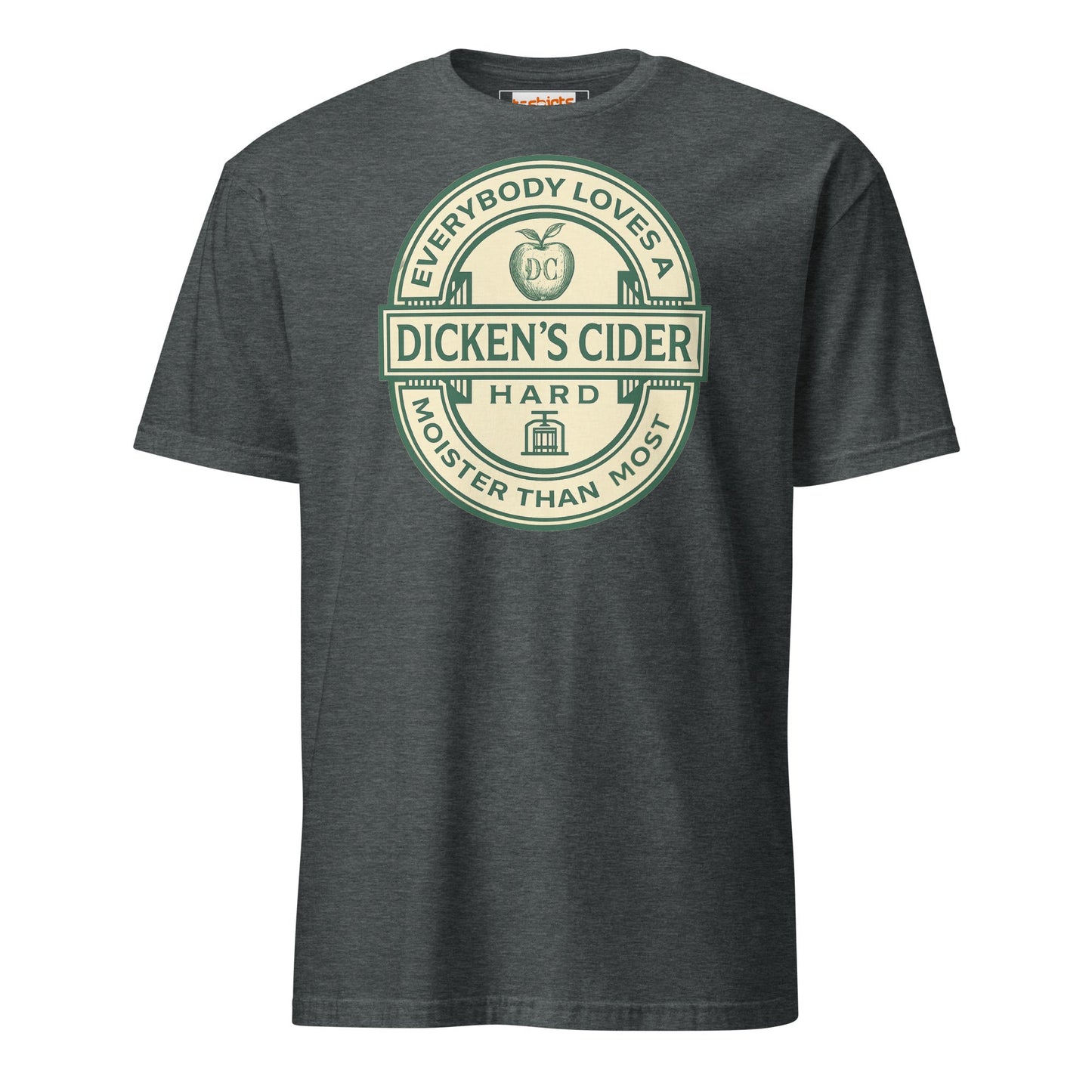 Dark gray t-shirt with green and white 'Dickens Cider' logo on a white background