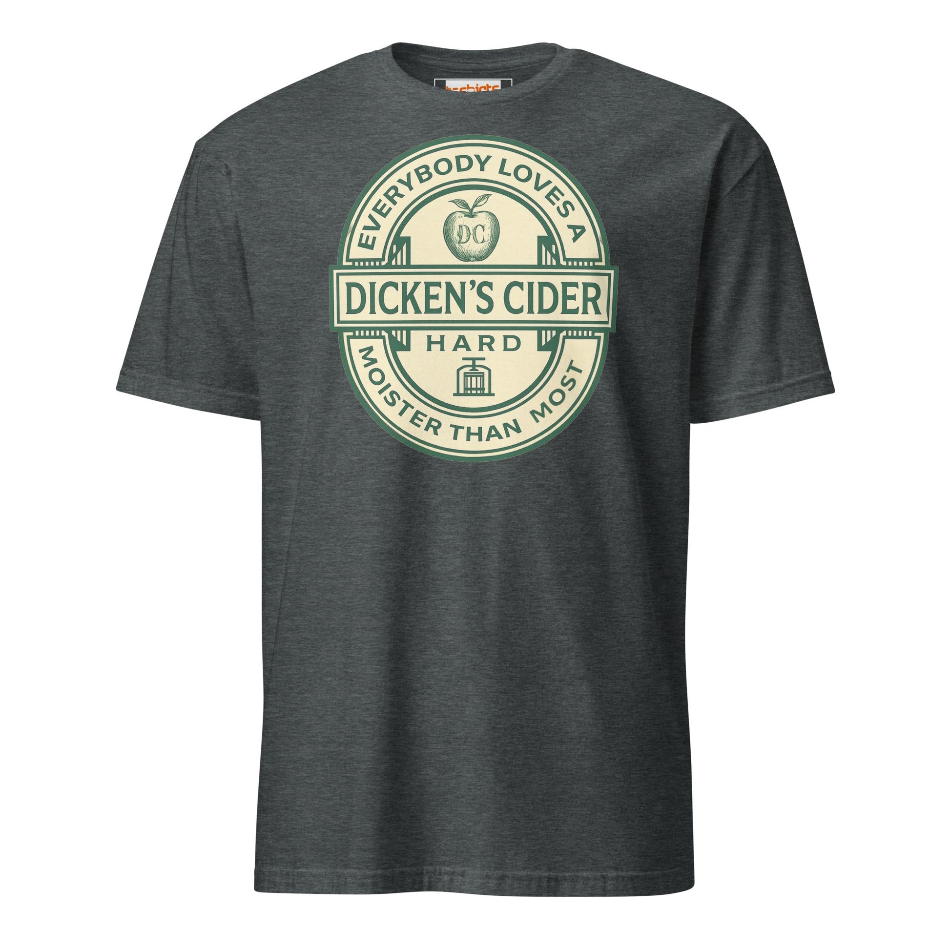 Dark gray t-shirt with green and white 'Dickens Cider' logo on a white background