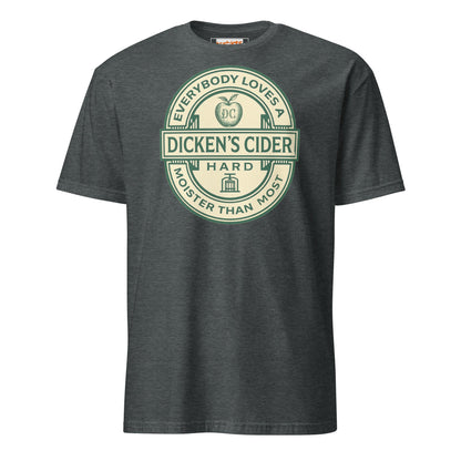 Dark gray t-shirt with green and white 'Dickens Cider' logo on a white background