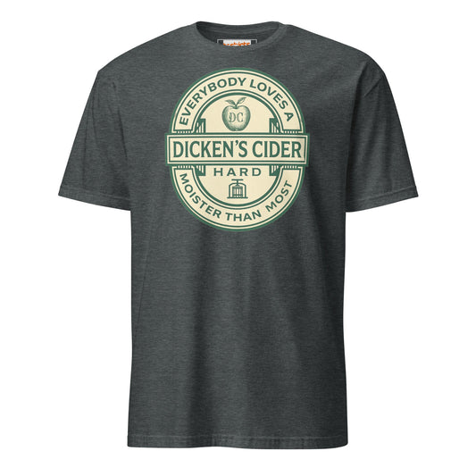Dark gray t-shirt with green and white 'Dickens Cider' logo on a white background