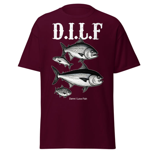 D.I.L.F. Damn I Love Fish T-Shirt - Funny Fishing Tee - Maroon - T-Shirts Online