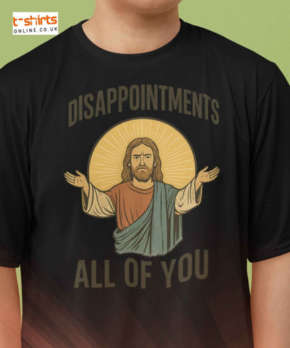 Vintage-style Jesus illustration with text “Disappointments – All of You” in bold font.