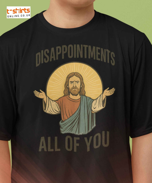 Vintage-style Jesus illustration with text “Disappointments – All of You” in bold font.