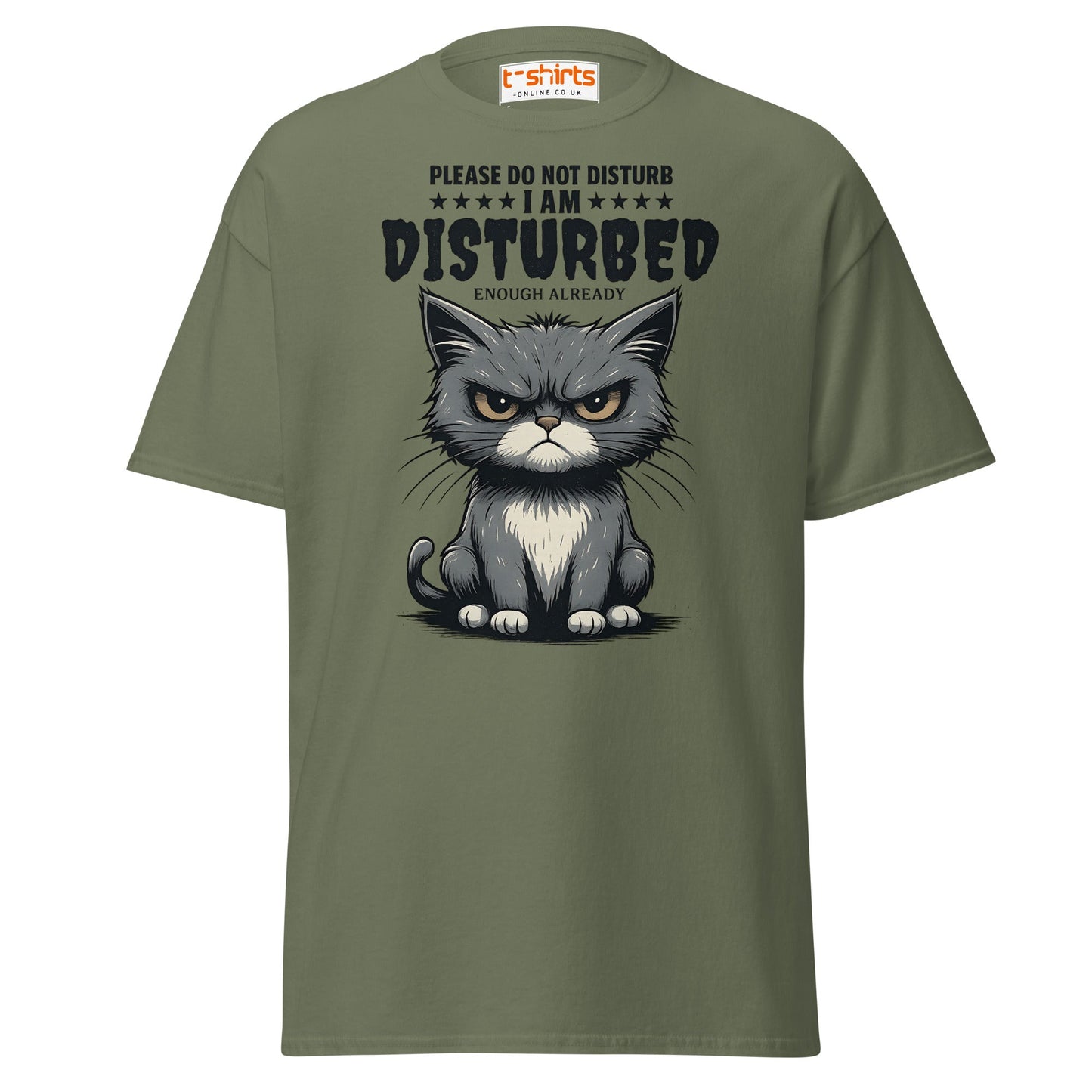Disturbed Cat T-Shirt – Funny Grumpy Cat Tee - Military Green - T-Shirts Online
