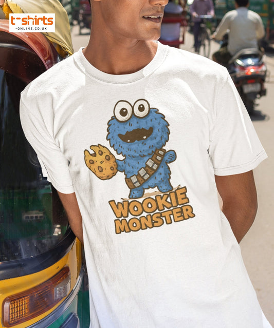 Person wearing a white t-shirt with a 'Wookie Monster' design in an urban setting.